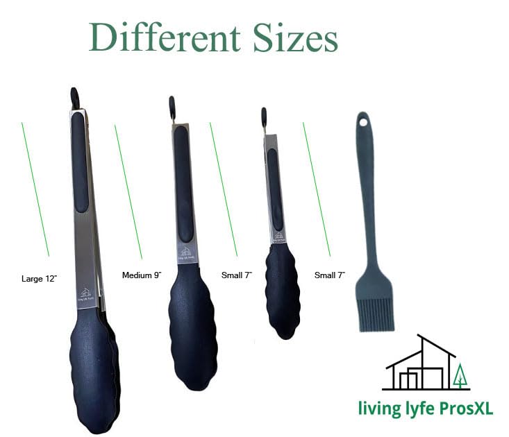 Premium Silicone Kitchen Tongs - 12 Inch Heat Resistant Cooking Tongs (Set of 4, Black) - Perfect for Grilling, BBQ, Salad Serving & Non-Scratch Cookware Handling