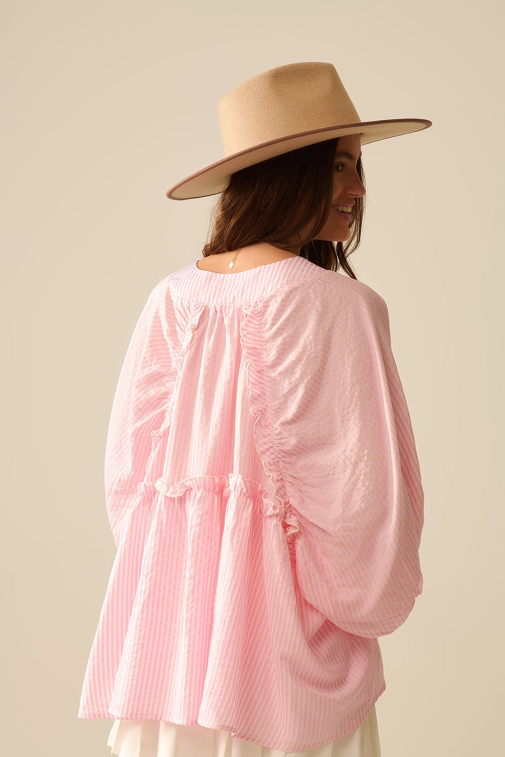 Balloon Sleeve Striped Blouse in Pink - Elegant Women's Top for Casual Wear, Office & Date Night