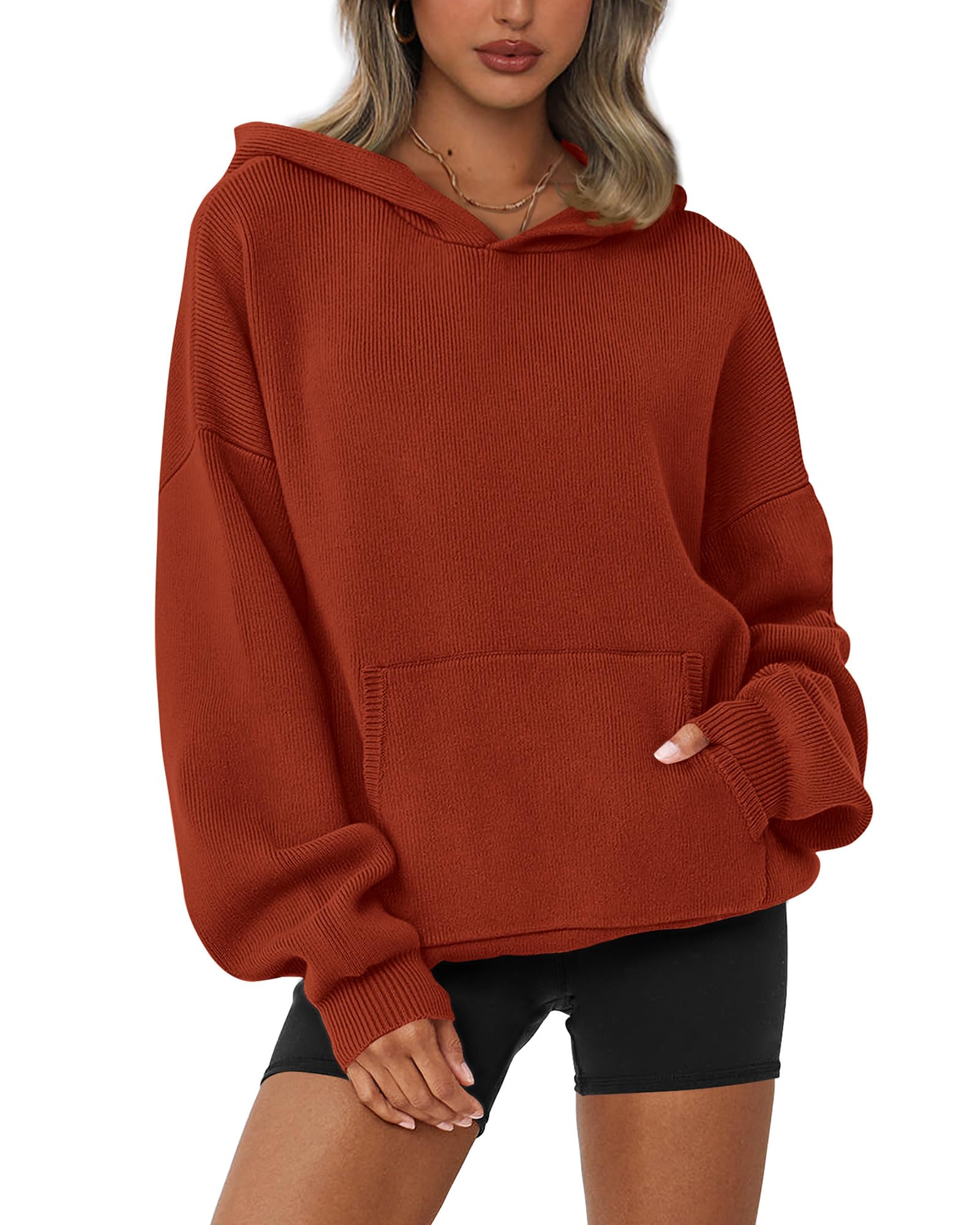 Dowerme Women's Oversized Chunky Knit Hooded Pullover Sweater with Pocket - Long Sleeve Drop Shoulder Lantern Sweater for Fall/Winter 2025 - Cozy Casual Wear for Outdoors, Work & Home