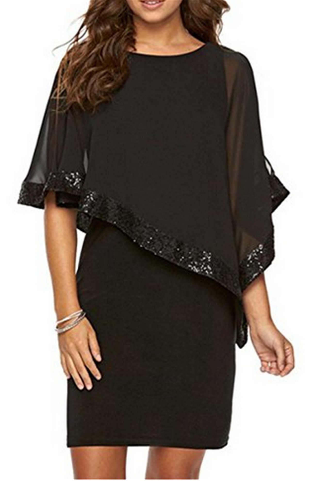 Bohai Women's Elegant Chiffon Cocktail Dress with Detachable Poncho - Perfect for Parties, Office Wear & Special Occasions | Flattering Mini Dress for Night Out, Wedding Guest & Business Events