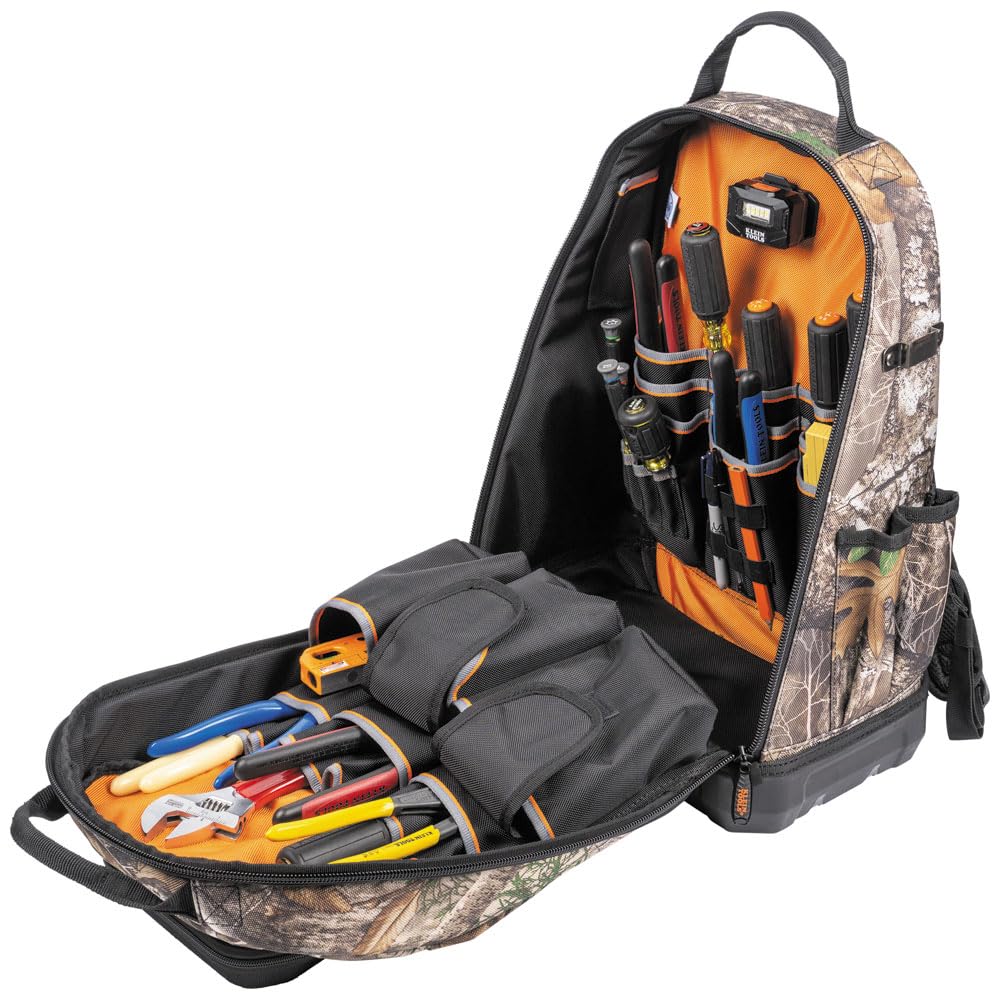 Klein Tools 62800BPCAMO Tradesman Pro Extra-Large 40-Pocket Camo Tool Backpack with Molded Bottom & Charging Port - Durable Jobsite Backpack for Electricians, Contractors & DIY Projects