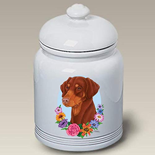 Premium Ceramic Dog Treat Jar for Doberman - Best of Breed Design, Red Uncropped Ears - Perfect for Pet Treat Storage & Kitchen Counter Decor