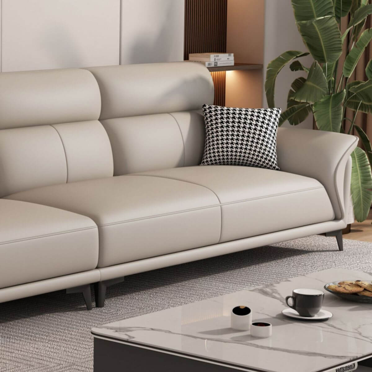 Modern Dove Grey Scratch-Resistant Solid Color Cow Leather Upholstered 4-Seater Sofa with 2 Pillows - Perfect for Living Room, Lounge, and Office Spaces