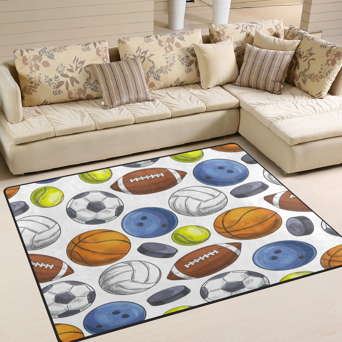 ALAZA Modern Geometric Sports Rug - Tennis, Basketball & Soccer Design - 5'3