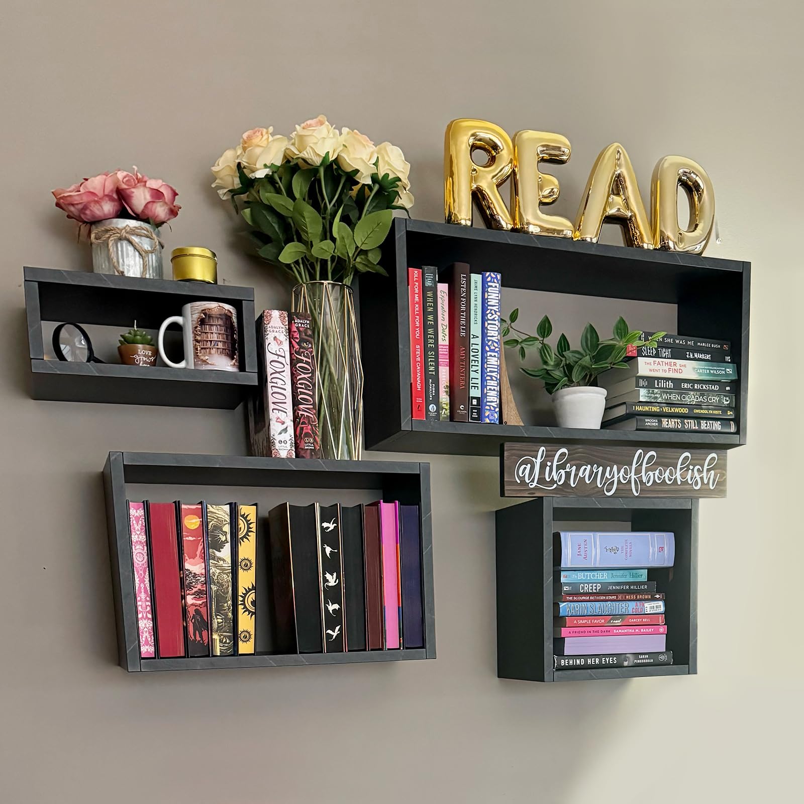Kaboon 4-Piece Floating Wall Mount Shelf Set - Large Cube Shelves for Home & Office Decor, Space Saving Storage - Cloud Atlas & Black Marble Finish | Perfect for Living Room, Bedroom, Kitchen & Commercial Spaces