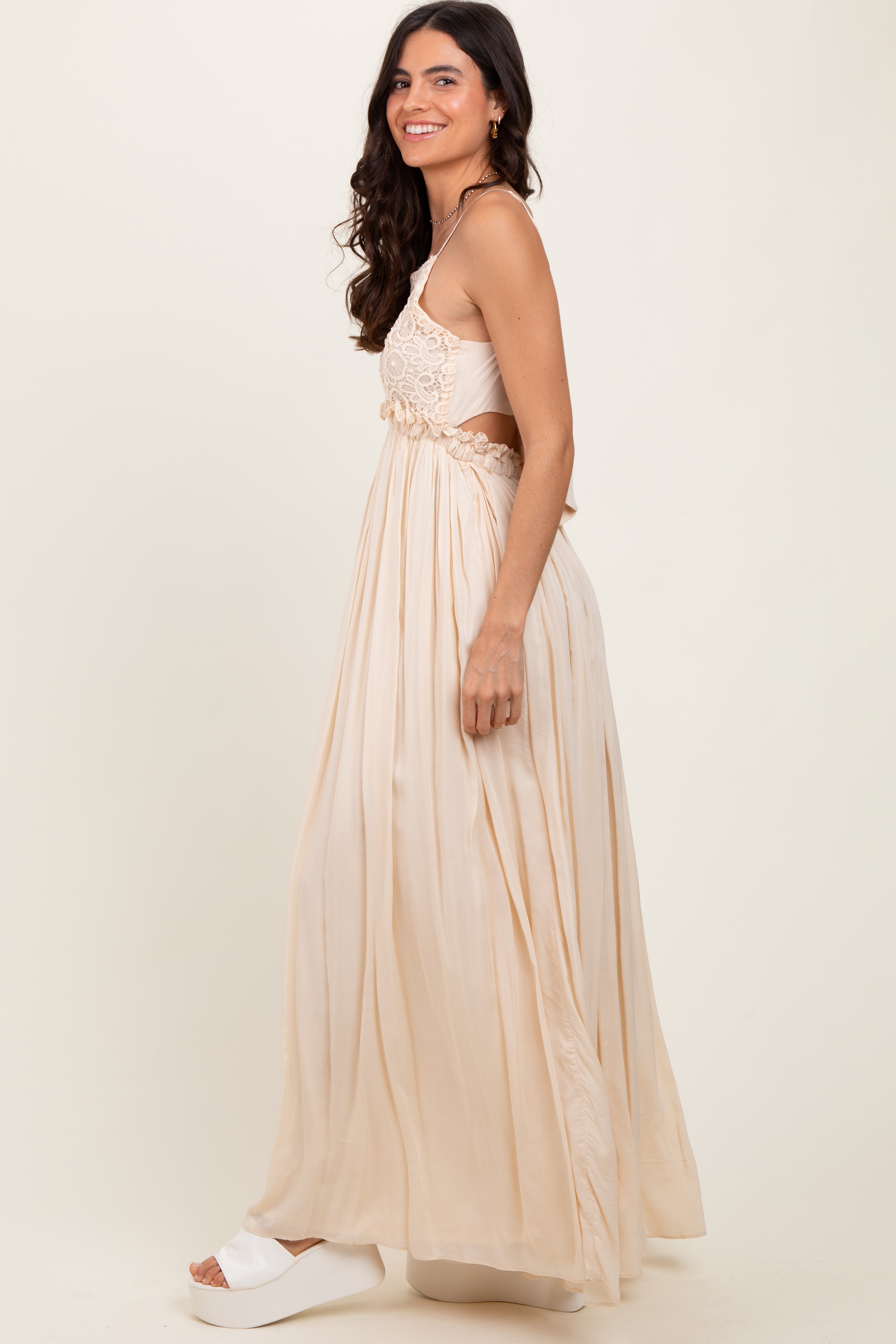Elegant Beige Lace Maxi Dress with Cutout Bodice & Tie Back - Perfect for Weddings, Parties & Special Occasions