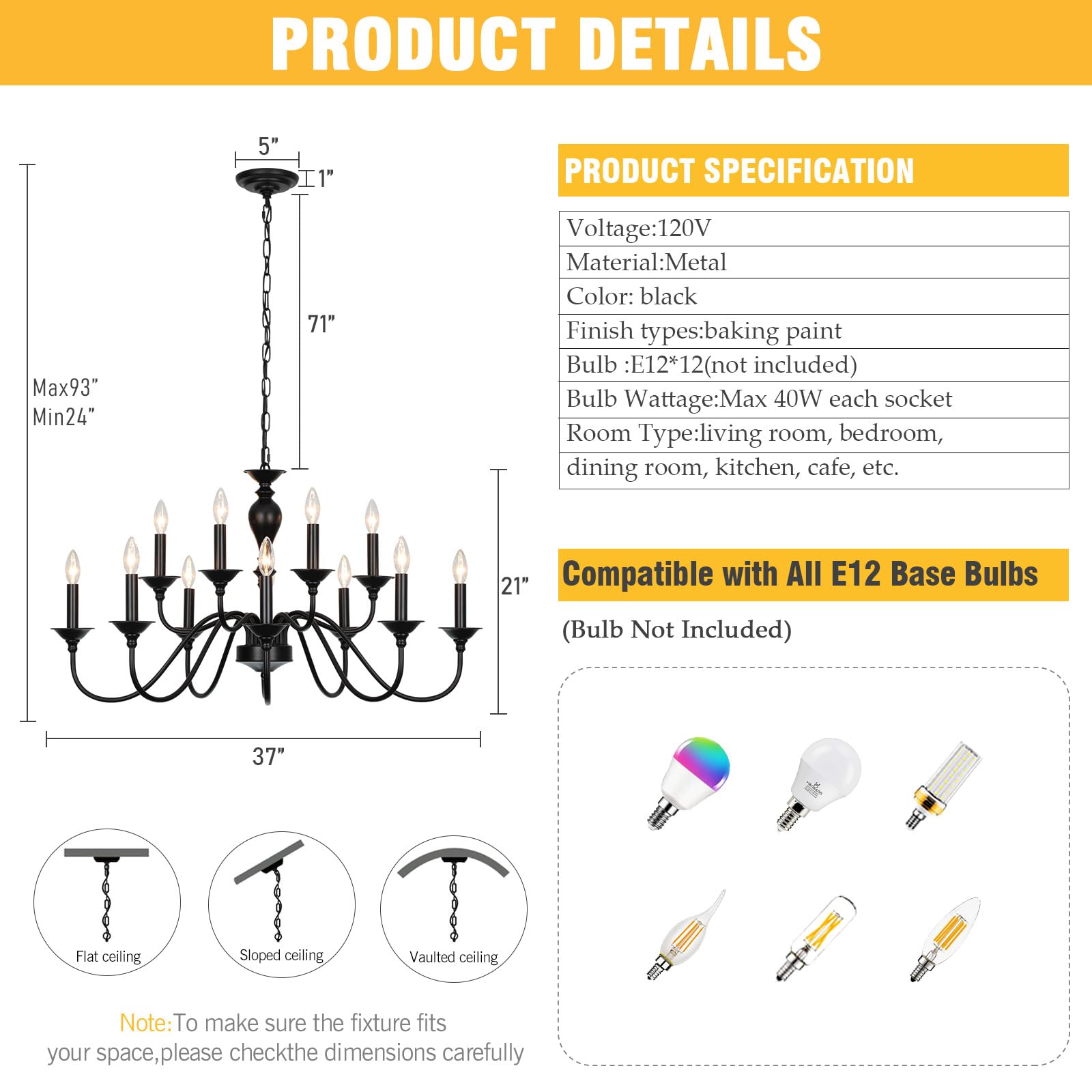 12-Light Black Farmhouse Chandelier - Industrial Candle Hanging Light Fixture for Dining Room, Kitchen Island, Living Room, Foyer & Staircase | Rustic Ceiling Lighting for Farmhouse Decor & Modern Homes