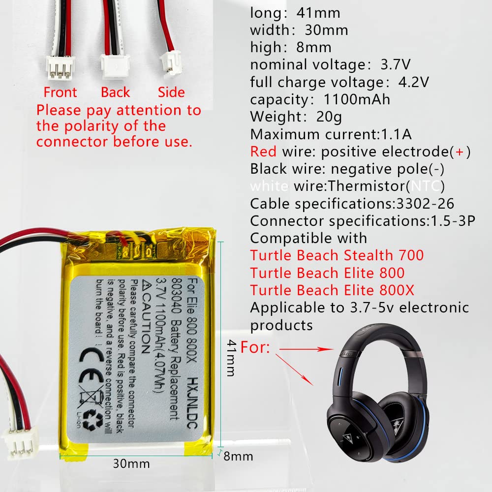 Replacement 3.7V 803040 1100mAh Battery for Turtle Beach Elite 800/800X & Stealth 700 Gen 2 Wireless Gaming Headset - Long-Lasting Power for Extended Gaming Sessions, Perfect for PS4, PS5, Xbox & PC Gaming