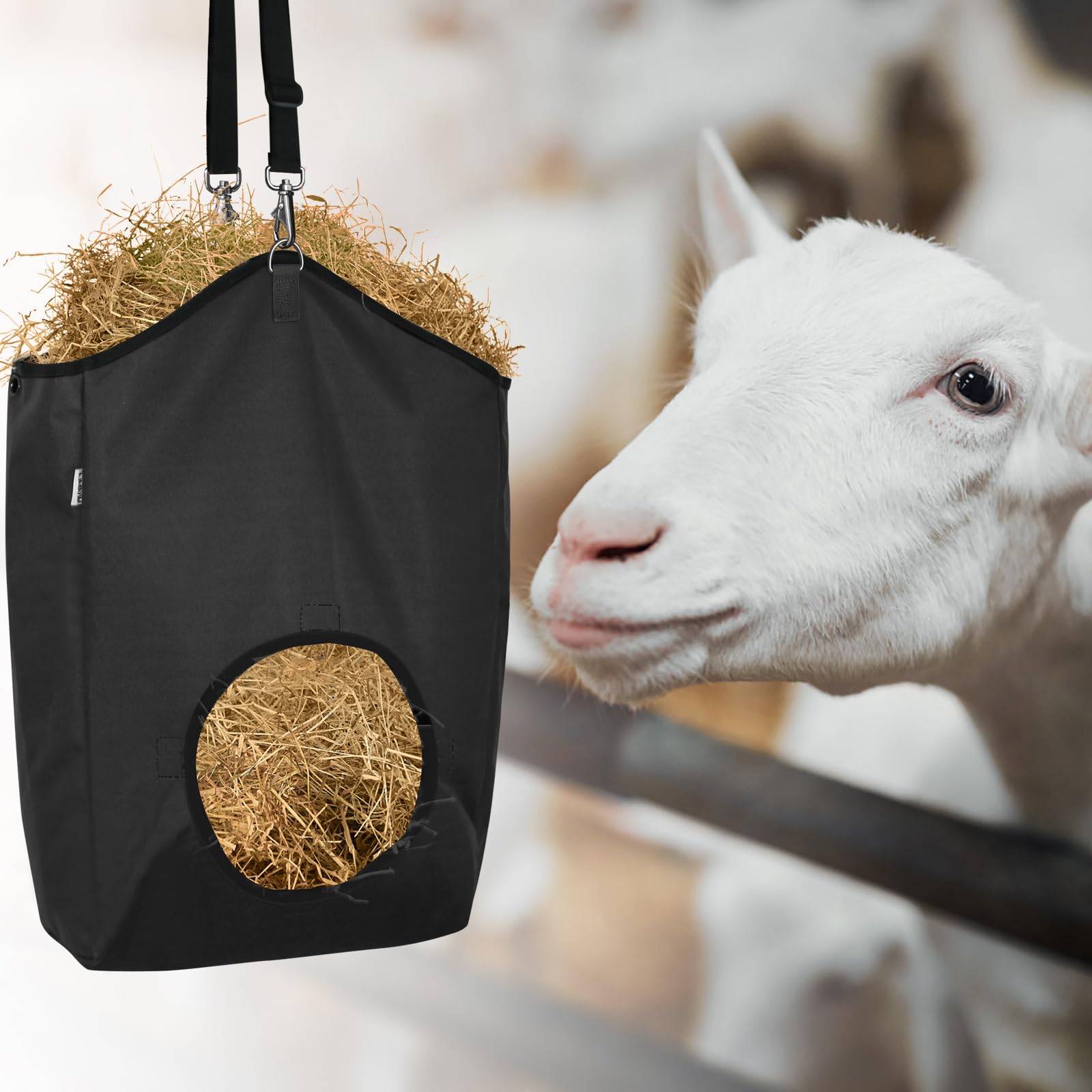 3 Packs Goat Hay Feeder - Premium 600D Oxford Cloth Hay Bags for Goats, Horses & Sheep with Metal Fastener & Adjustable Feed Hole - Slow Feeding Solution (1 Black + 2 Grey) - Perfect for Barns, Stables & Pastures