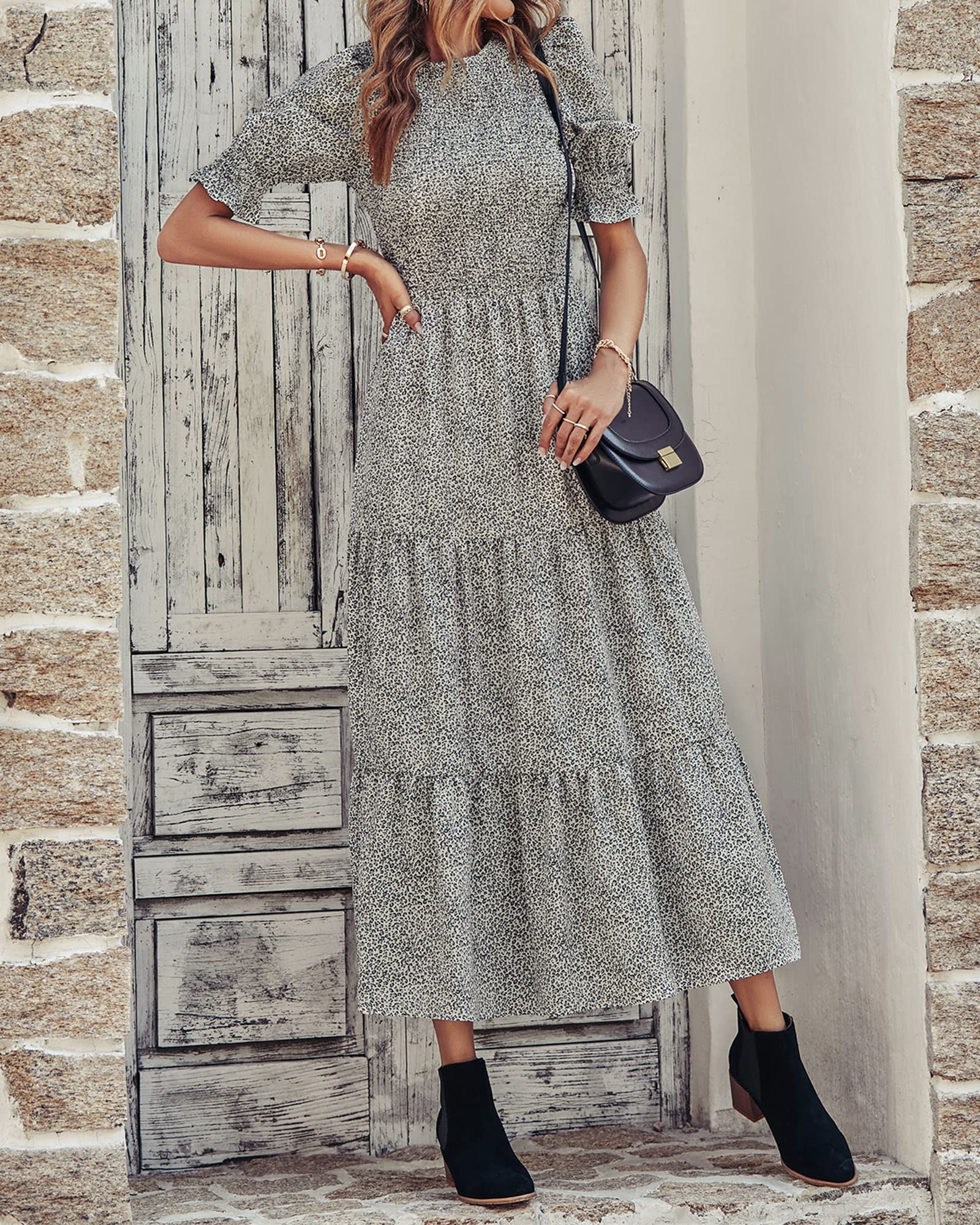 BTFBM Women's Floral Print Boho Maxi Dress - Crew Neck, Ruffle Short Sleeve, Smocked Waist, Flowy Summer Casual Dress for 2025 Spring | Perfect for Beach Vacations, Date Nights & Outdoor Festivals