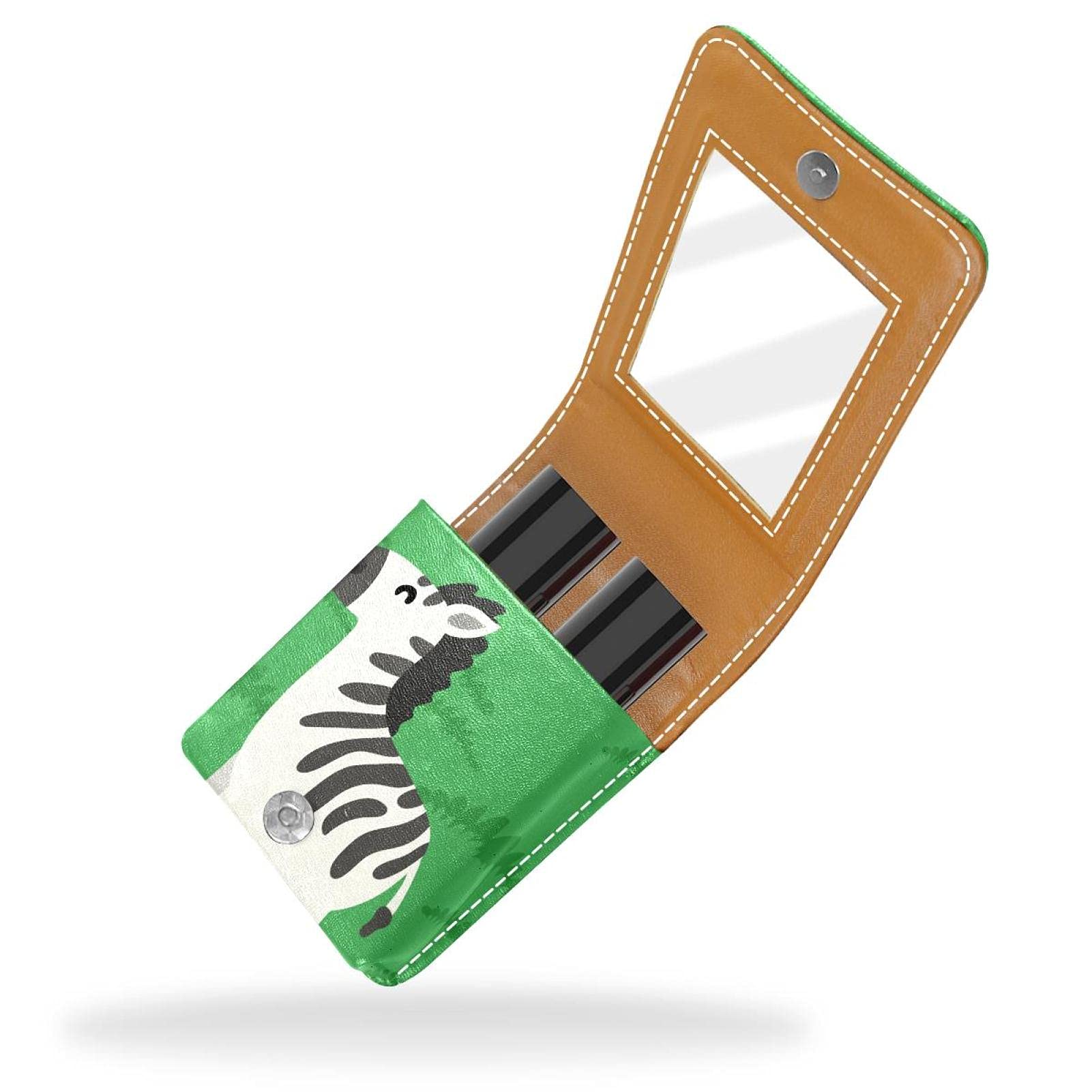 Green Zebra Print Portable Lipstick Case with Mirror - Mini Makeup Organizer Holds Up to 3 Lipsticks - Perfect for Travel, Purse & On-the-Go Touch Ups
