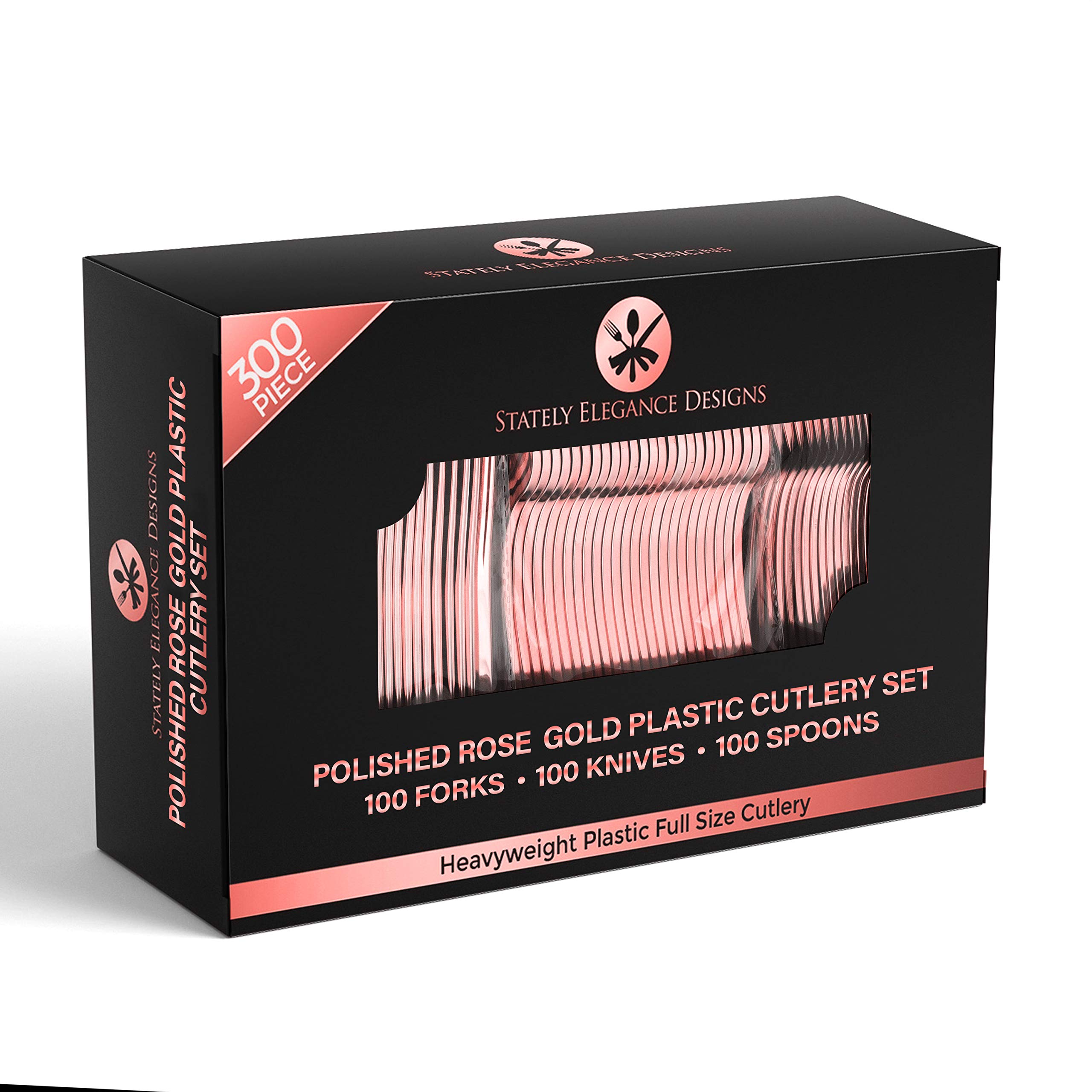 300-Piece Rose Gold Plastic Silverware Set - Heavy Duty Disposable Flatware with Forks, Knives & Spoons - Elegant Party Cutlery for Weddings, Events & Catering - Stately Elegance Designs