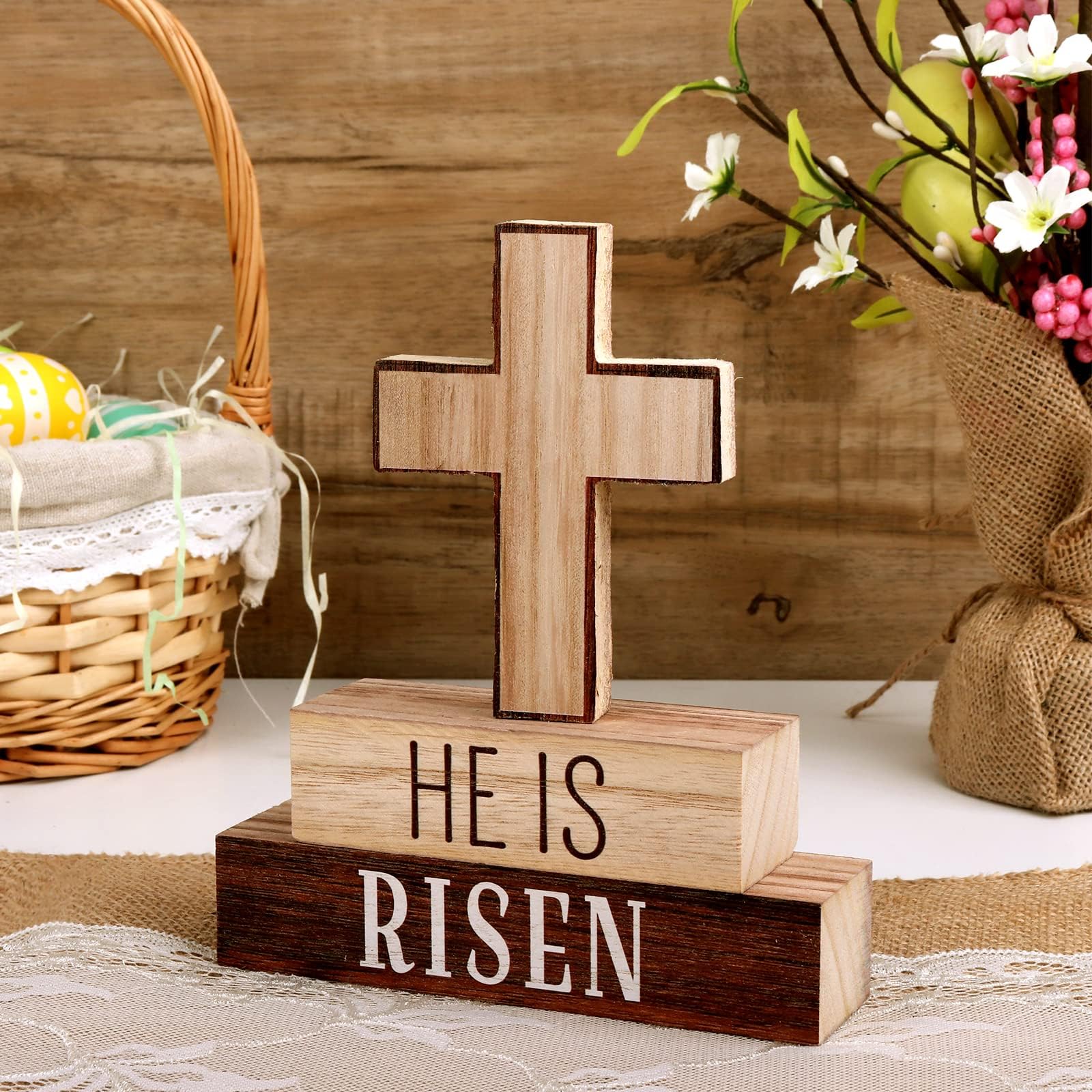 3-Piece Easter Home Decor Set - HE is Risen Wooden Cross Table Signs, Christian Religious Block Signs for Farmhouse & Rustic Tiered Tray Decorations | Perfect for Easter Gifts, Church Events & Spring Home Decor