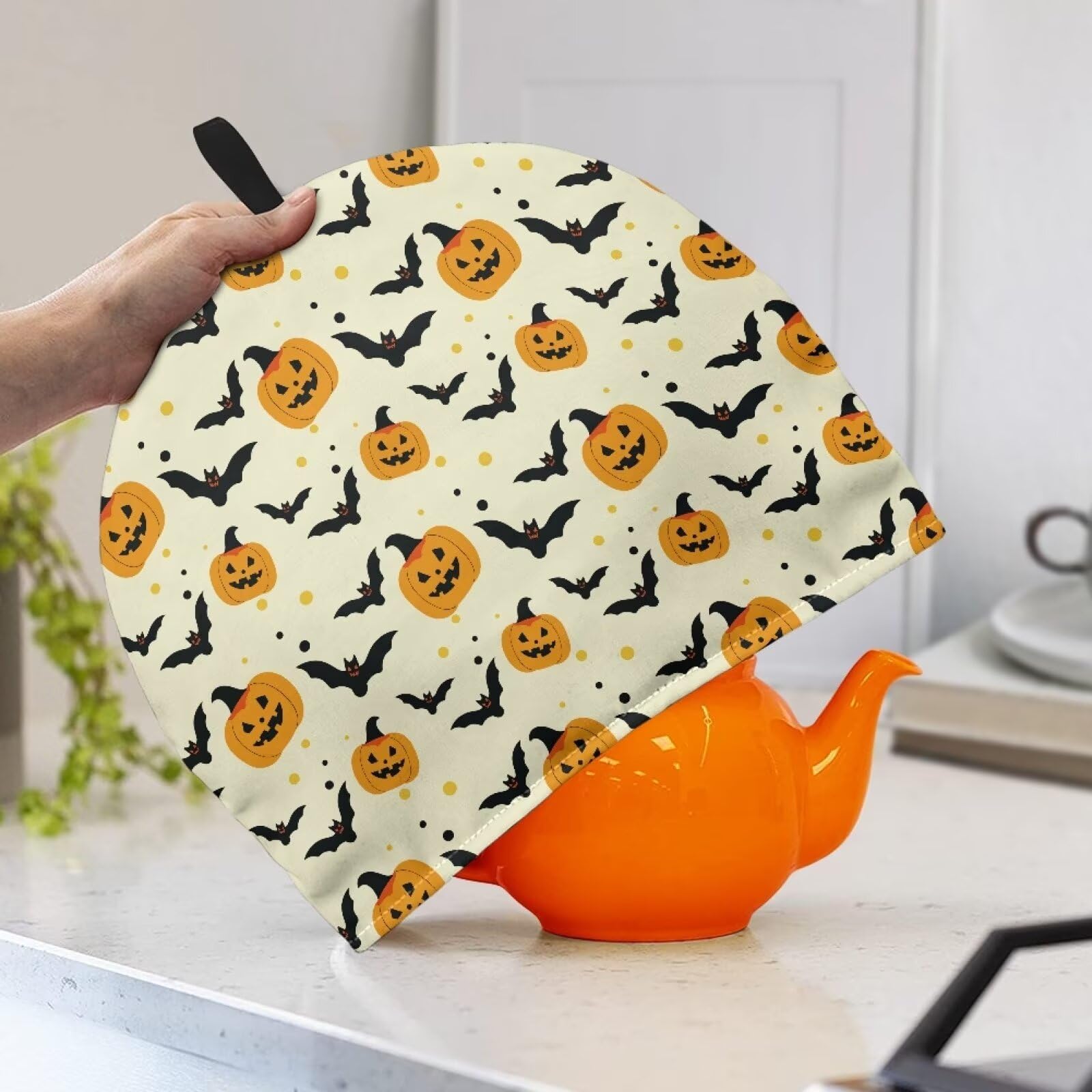 Halloween Pumpkin Print Tea Cozy Cover - Cotton Insulated Teapot Dust Cover for Kitchen & Home Decor | Keep Tea Warm at Breakfast, Perfect for Halloween Parties & Cozy Autumn Tea Time