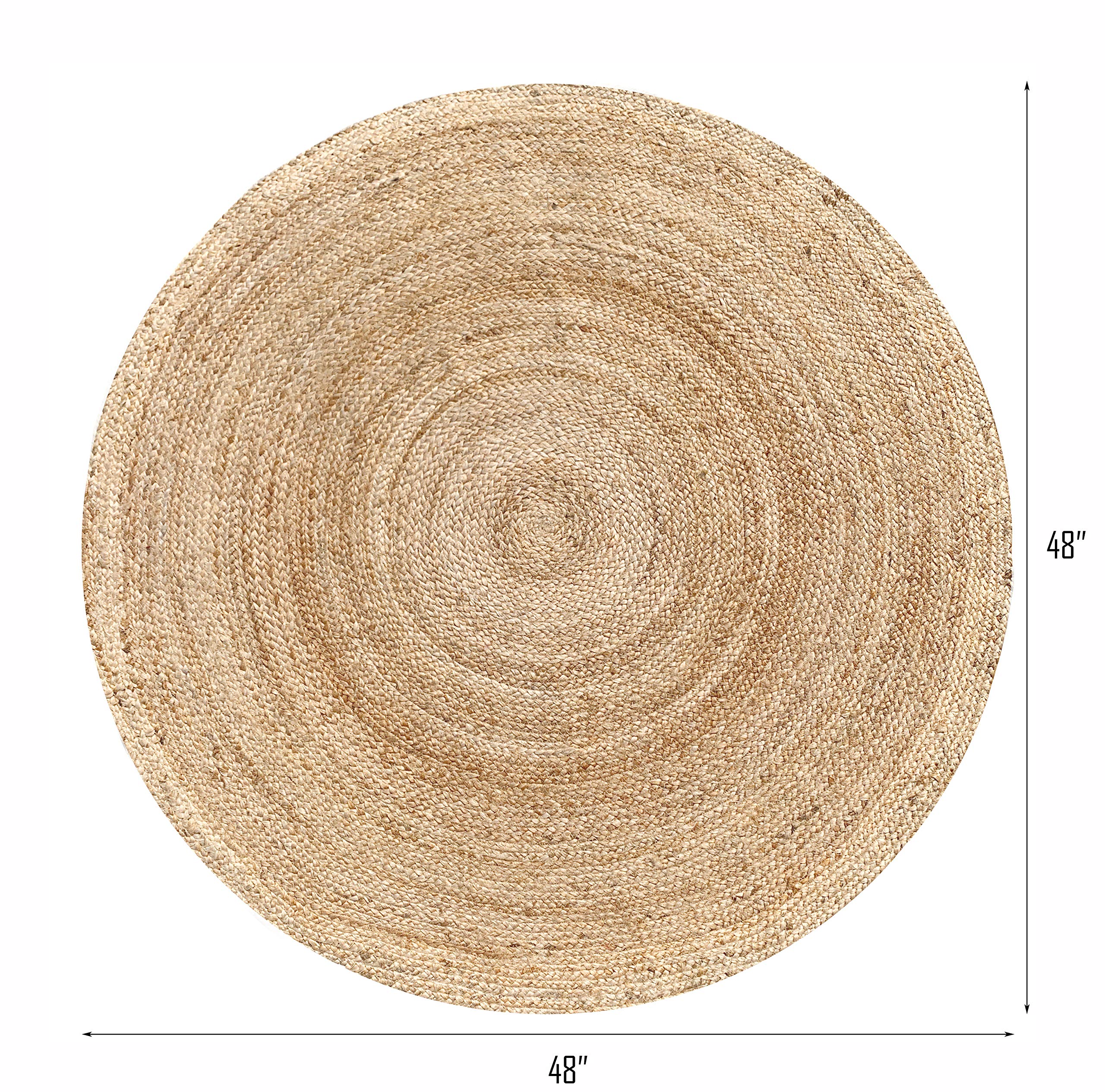 Hausattire 4' Round Hand Woven Jute Braided Rug - Natural Reversible Boho Farmhouse Floor Mat for Kitchen, Living Room, Entryway | Eco-Friendly Home Decor, Non-Slip Dining Area Rug, Perfect for Cozy Spaces & High Traffic Areas