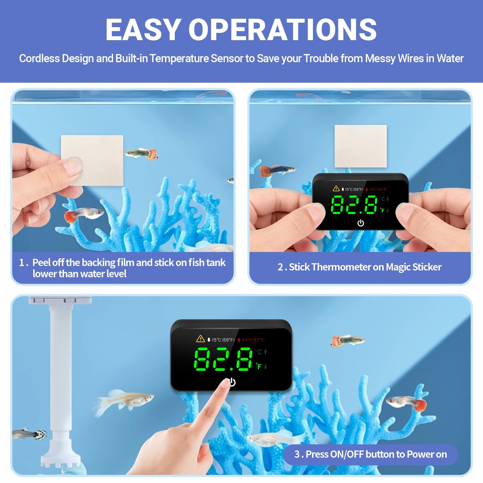 Digital Aquarium Thermometer with LED Display - for Fish Tanks & Aquariums (2-Pack)
