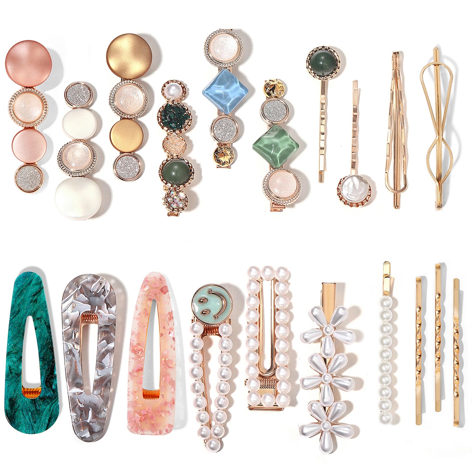 20 PCS Handmade Pearls & Acrylic Resin Hair Clips - Elegant Gold Hair Barrettes, Marble Alligator Bobby Pins, Glitter Crystal Geometric Hairpins for Women & Girls | Perfect for Weddings, Parties, Prom & Daily Hair Styling