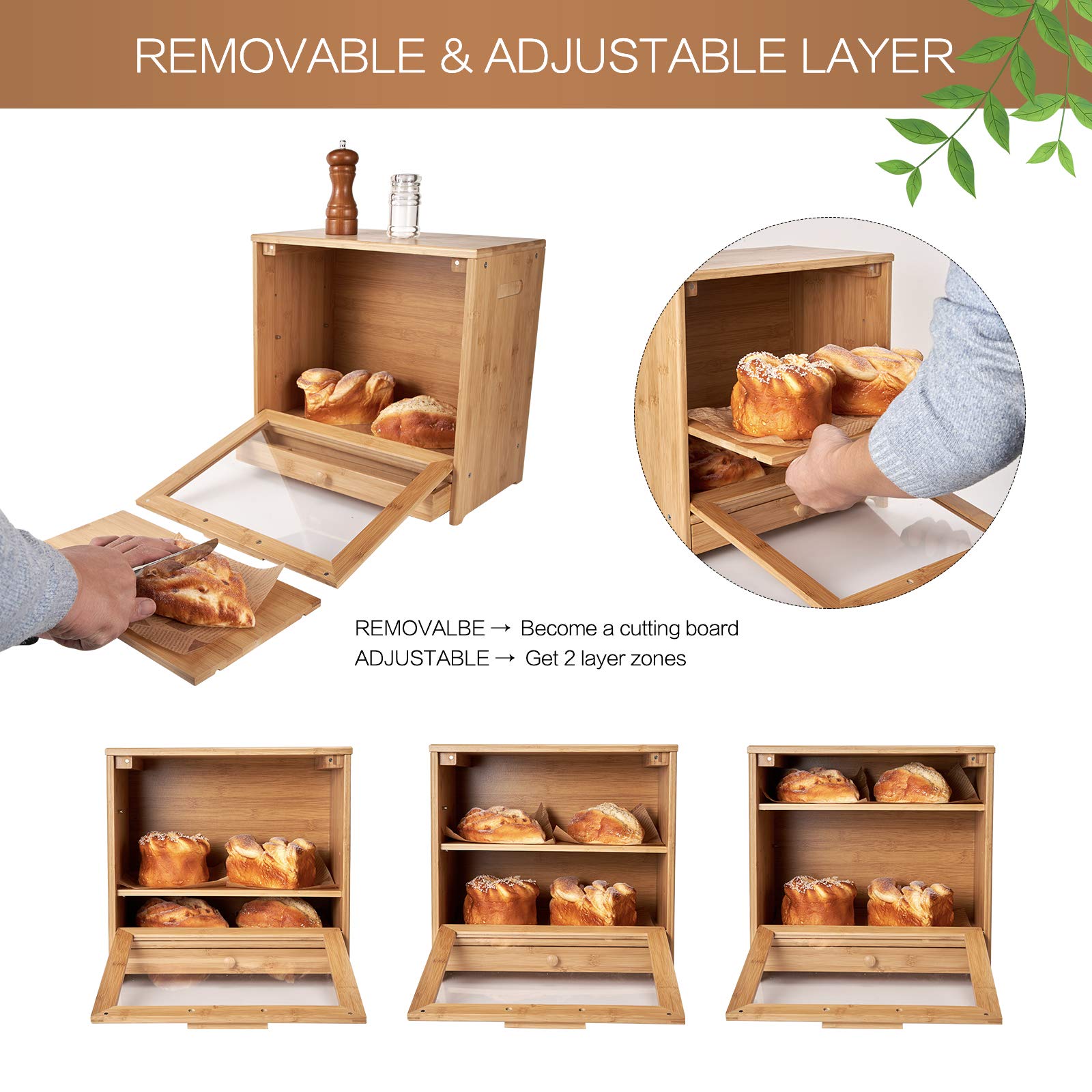 Large Bamboo Bread Box for Kitchen Countertop - Double Layer Bread Storage Container with Utensil Tray Drawer Organizer | High Capacity Bread Keeper for Fresh Baguettes, Sourdough & Pastries | Perfect for Bakeries, Restaurants & Home Kitchens