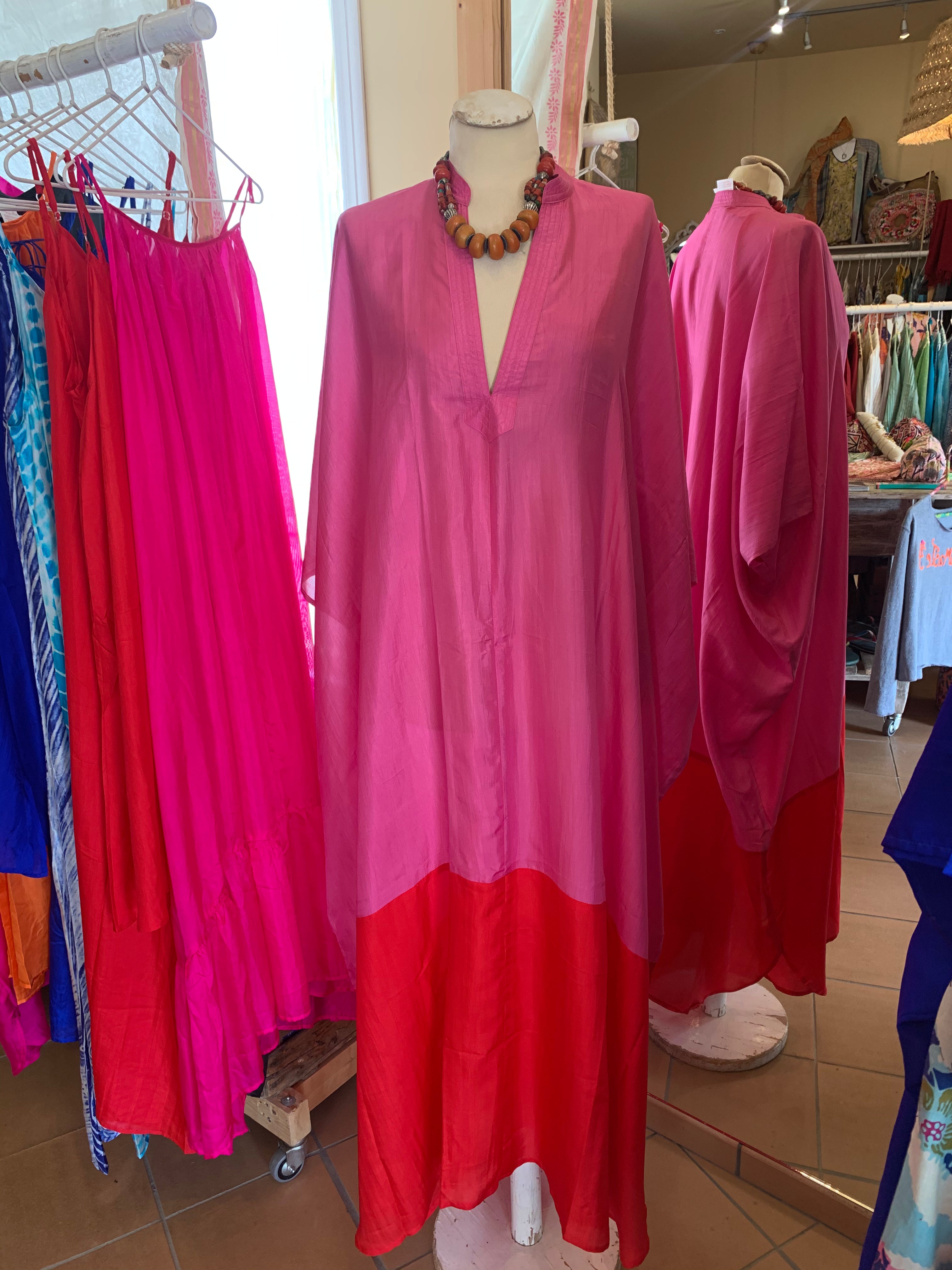 Luxury Silk Kaftan Dress - Rosa & Orange Floral Print - Boho Chic Beach Cover Up for Ibiza Vacation, Pool Party & Summer Getaways