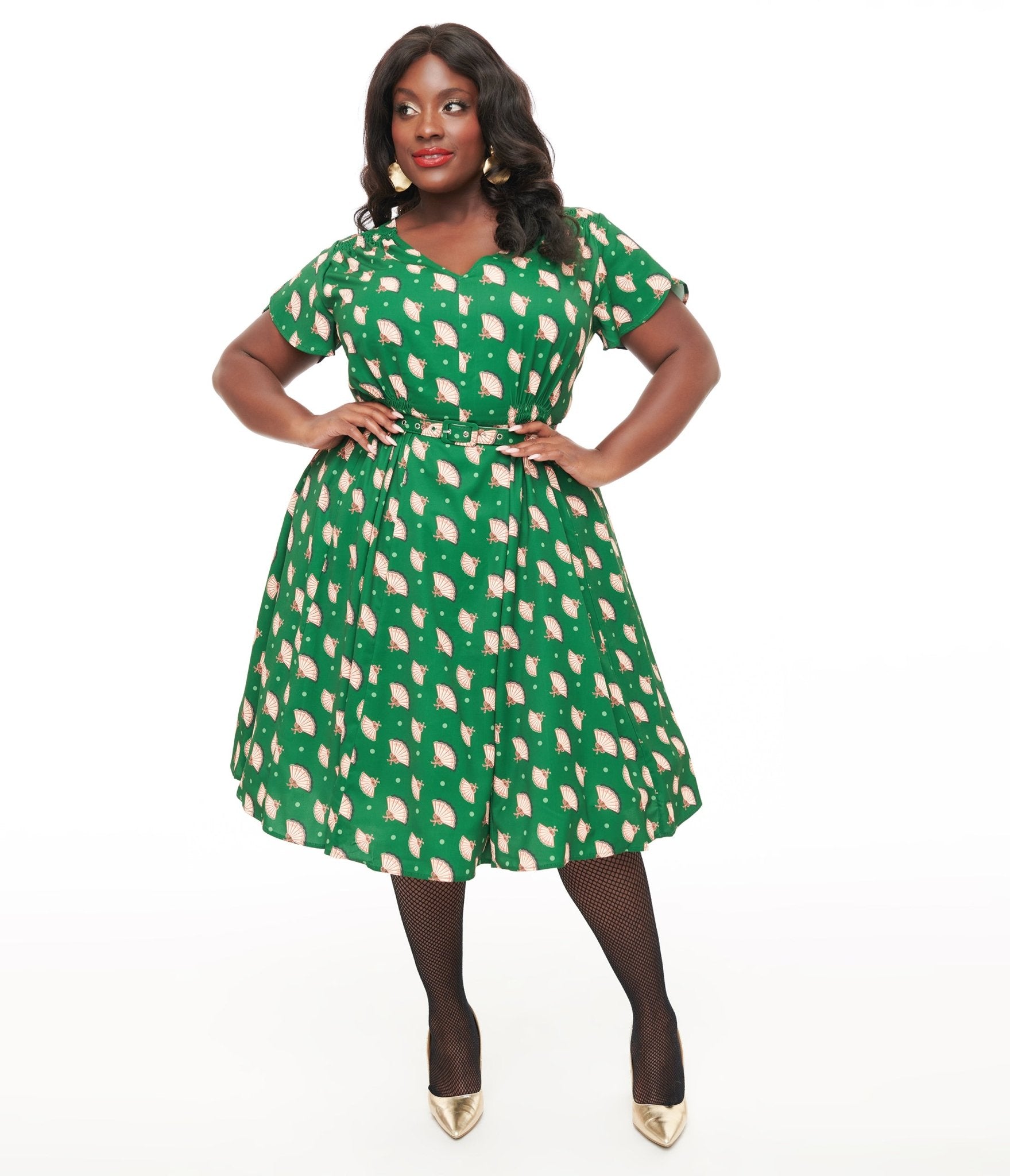 Vintage 1940s Hunter Green Floral Print Tulip Sleeve Swing Dress - Retro Tea Party & Swing Dance Outfit for Women