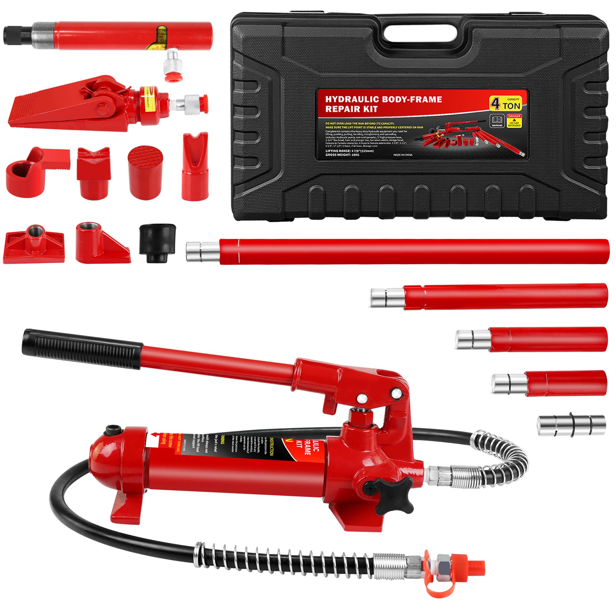 Heavy Duty Porta Power Kit - 20 Ton Hydraulic Ram with Pump & Accessories for Auto Repair, Construction & Industrial Use