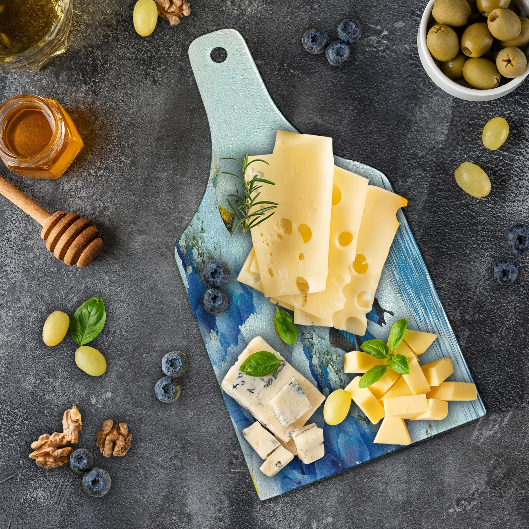 Ambesonne Floral Cutting Board - Blue and White Wild Flowers with Monarch Butterflies, Lily Therapy Zen Spa Art Prints - Decorative Tempered Glass Serving Board in Wine Bottle Shape, Pale Blue - Perfect for Kitchen, Dining, and Gift Giving