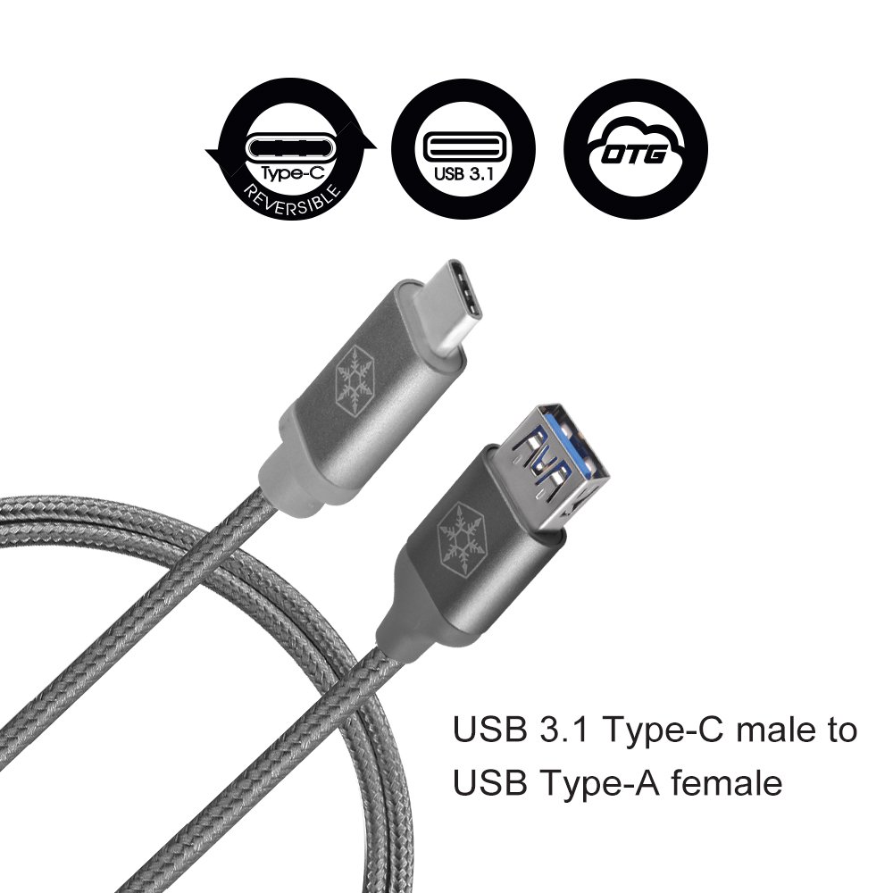 SilverStone SST-CPU05C-500 Reversible USB-C to USB-A Cable - 0.5m Nylon Braided Fast Charging & Data Sync Cord for Smartphones, Tablets & Laptops - Durable Charcoal Gray Cable for Home, Office & Travel Use