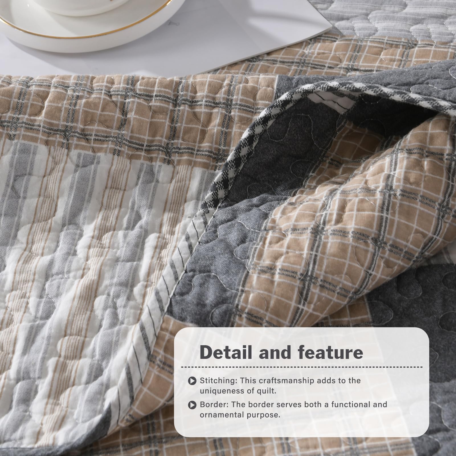 Y-PLWOMEN 100% Cotton Plaid Quilt Queen Size - Farmhouse Style Bedding Set with 2 Pillow Shams, Breathable Lightweight Comforter & Quilted Bedspread (90x98 Inches, Grey Brown) - Perfect for Cozy Farmhouse Bedrooms, Guest Rooms & Seasonal Home Decor