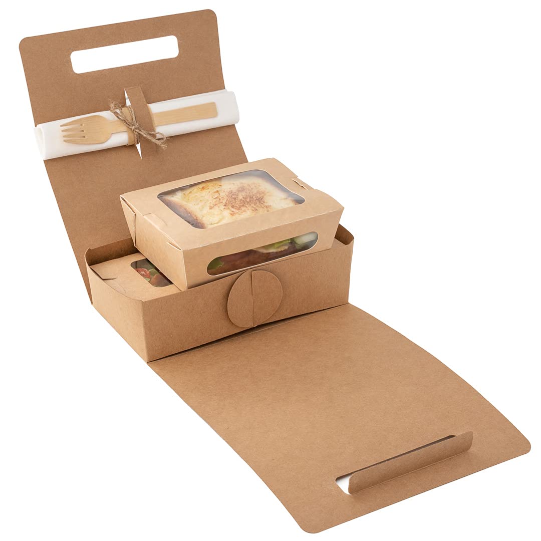 Restaurantware Bio Tek 8.75 x 4.25 x 8 Inch Eco-Friendly Kraft Paper Lunch Boxes with Handles - 100 Disposable Food Containers with Cup Holders & Utensil Pocket | Perfect for Takeout Meals, Office Lunches, Picnics & Catering Events
