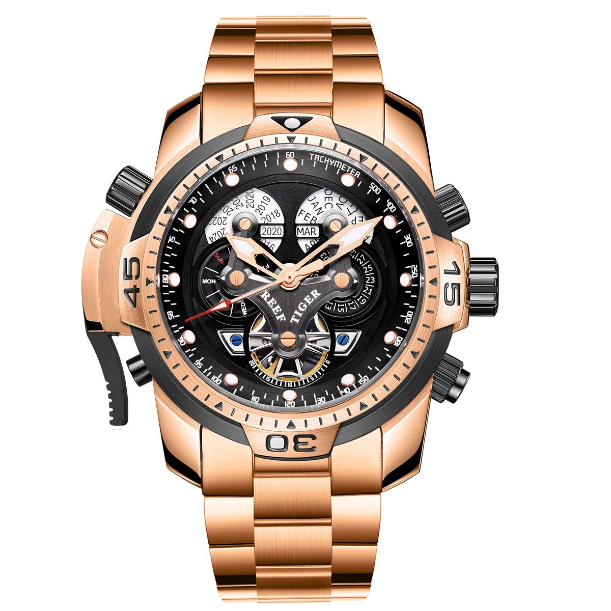 REEF TIGER Luxury Men's Mechanical Watch - Rose Gold Date Day Complicated Bracelet Watch RGA3503 | Perfect for Business, Formal Events & Gift Giving