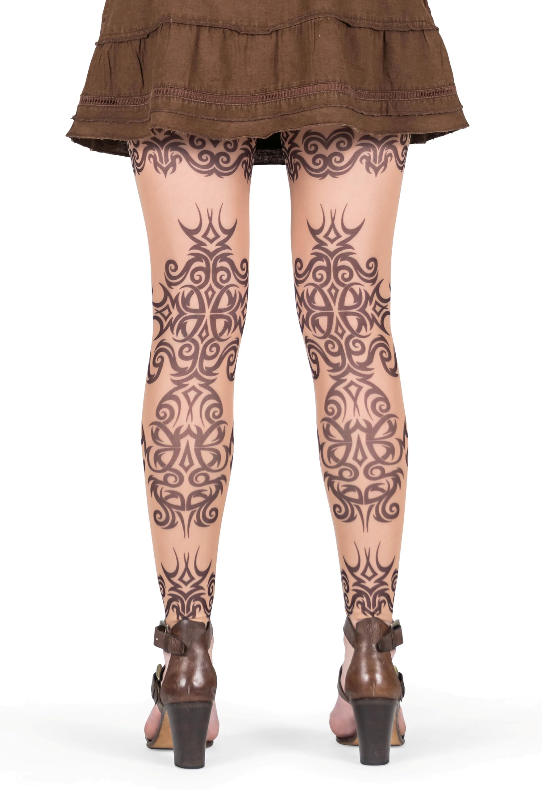 Wild Rose Ladies Mehndi Tattoo Mesh Leggings - Henna Blackwork Tan Floral Design Tights for Women - Perfect for Yoga, Dance, and Boho Fashion Outfits