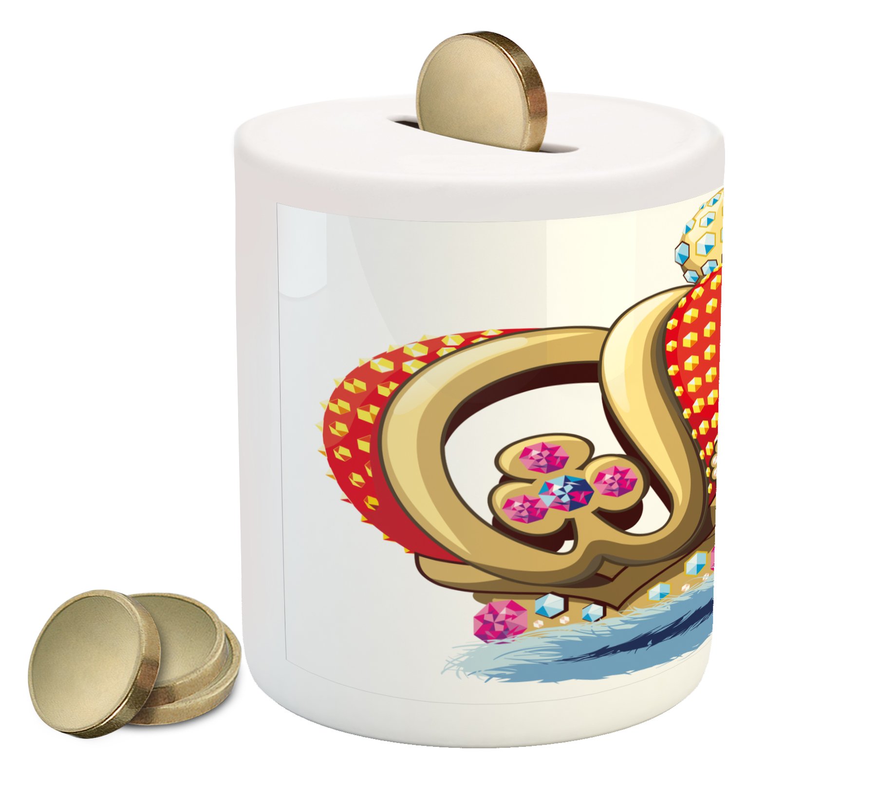 Ambesonne King Piggy Bank - Royal Family Nobility Theme Ceramic Coin Bank with Crown & Colorful Gem Ornaments, Money Saving Box for Cash & Coins | Perfect for Kids Savings, Home Decor & Gift Giving