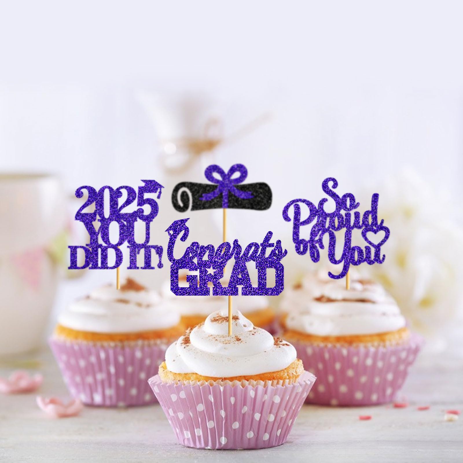 40Pcs Purple Graduation Cupcake Toppers 2025 - Class of 2025 Graduation Party Decorations - Edible Cake Picks for Graduation Ceremony, Congrats Party & School Celebration