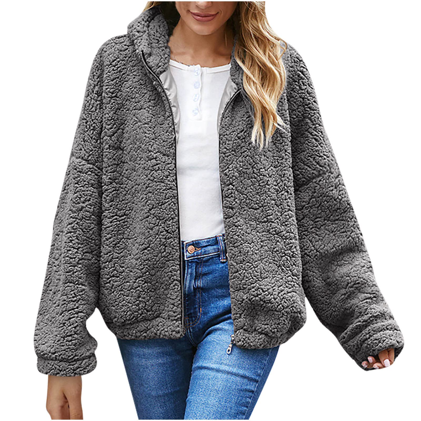 Women's Sherpa Fleece Jacket with Full Zip & Hood - Soft Plush Long Sleeve Winter Coat for Outdoor Activities, Hiking & Casual Wear - Warm Solid Color Outerwear