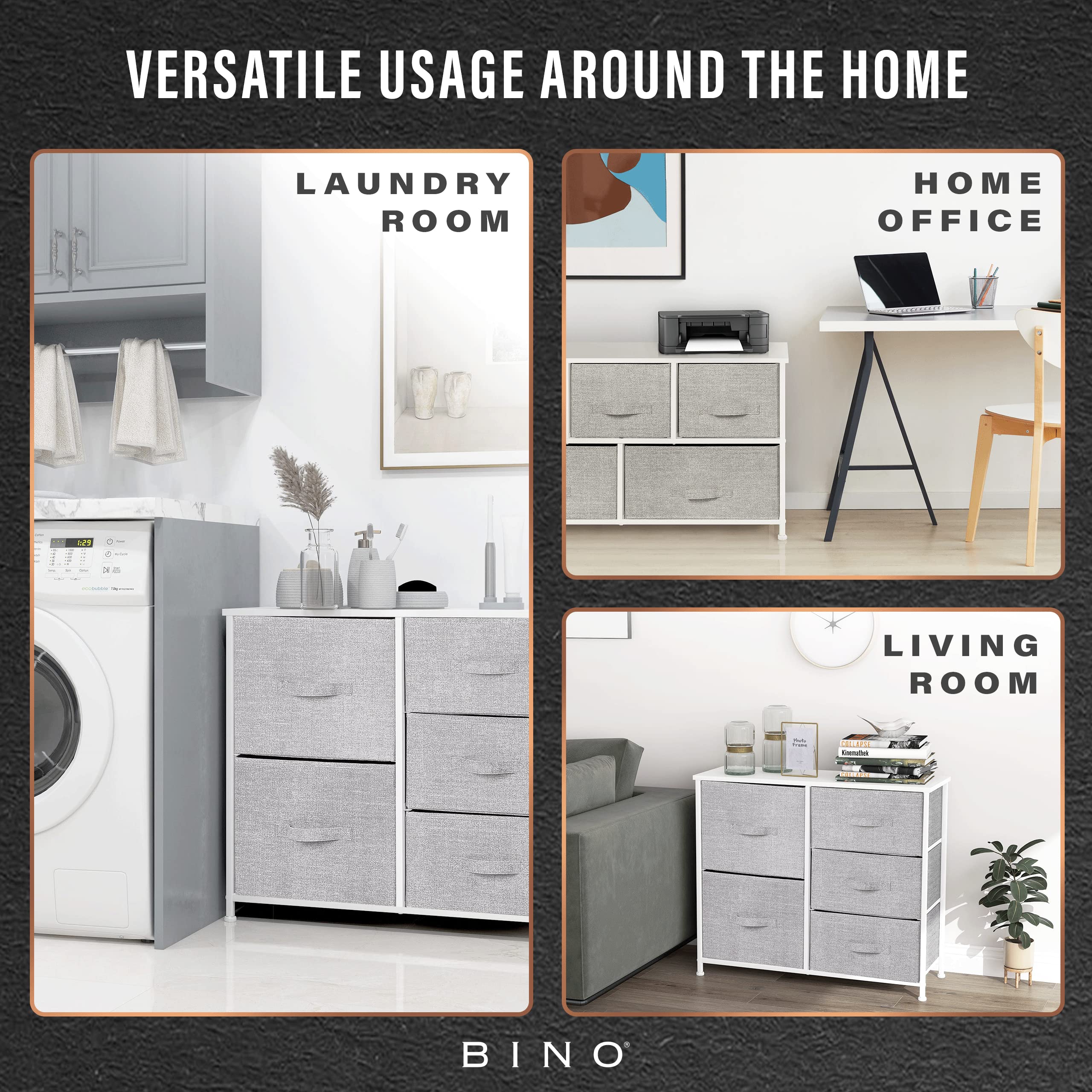 BINO 5-Drawer Fabric Dresser Organizer, Light Grey - Closet Storage Organizer Unit with Removable Drawers | Space-Saving Dresser Tower for Bedroom, Nursery, Hallway & Entryway | Foldable Clothing Storage Furniture for Home Organization