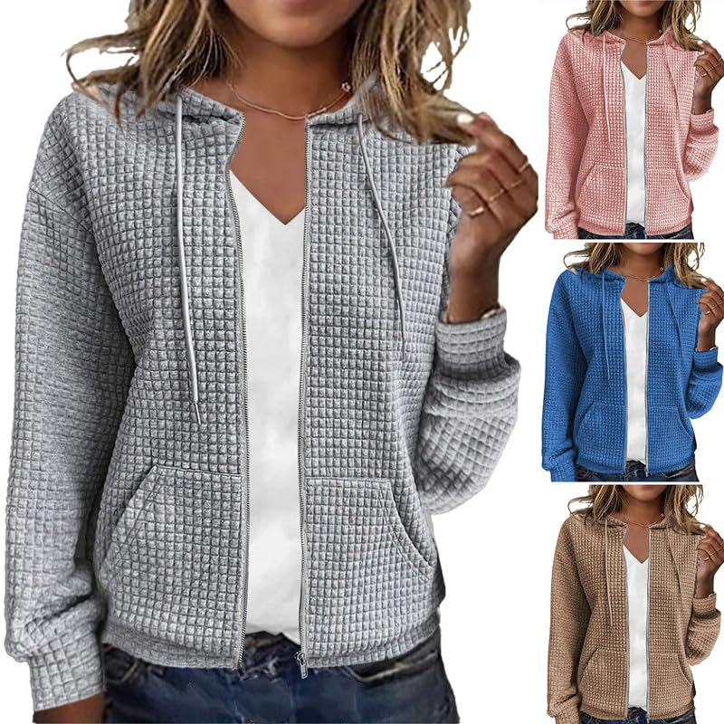 Women's Waffle Knit Hooded Sweatshirt with Drawstring Pockets - Long Sleeve Casual Zipper Jacket for Fall & Winter - Perfect for Outdoor Activities, Lounging and Streetwear Fashion