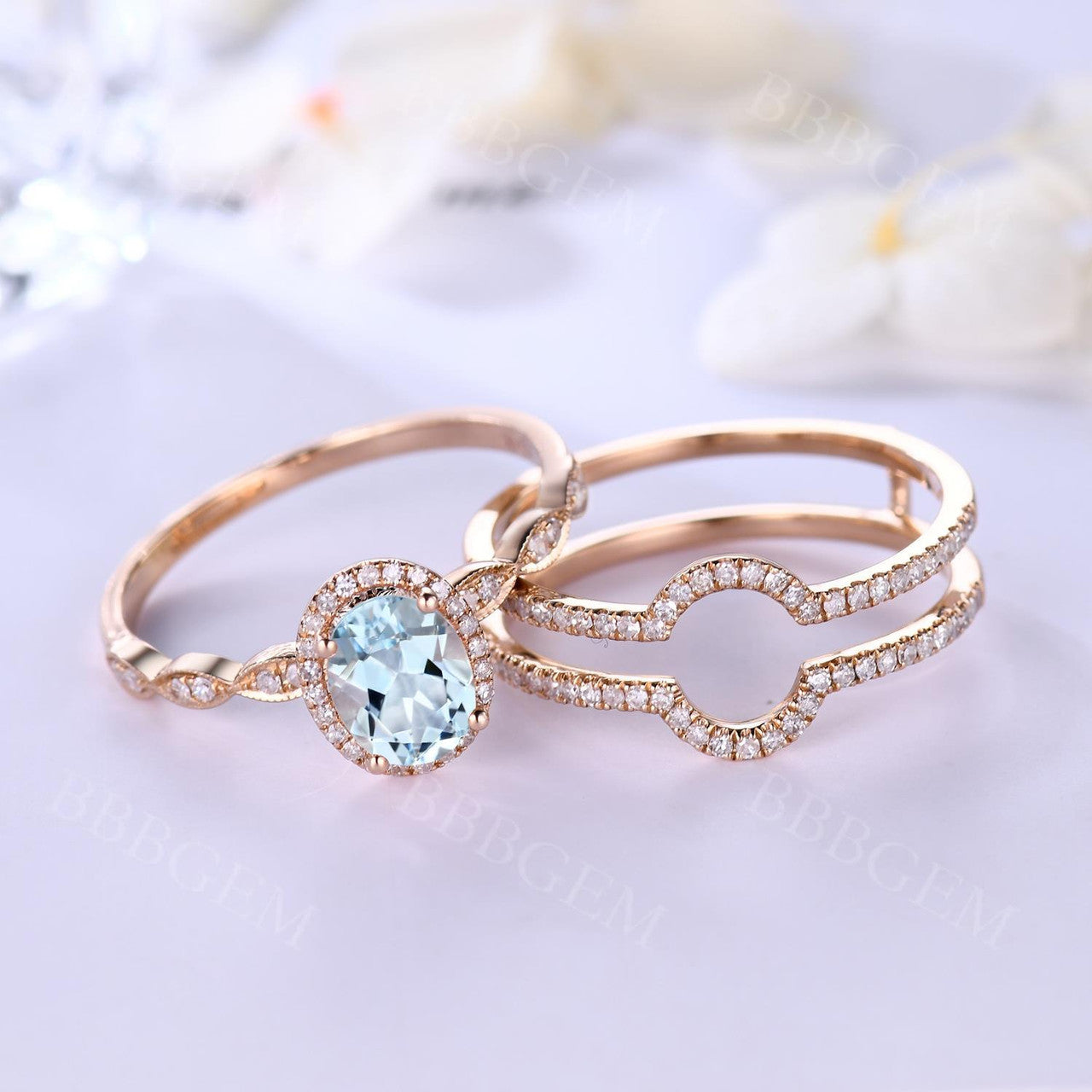Rose Gold Diamond Halo Lab Ruby Engagement Ring Set With Euro Open Shank Double Band - Elegant Wedding Jewelry for Brides, Anniversary Gifts & Romantic Proposals
