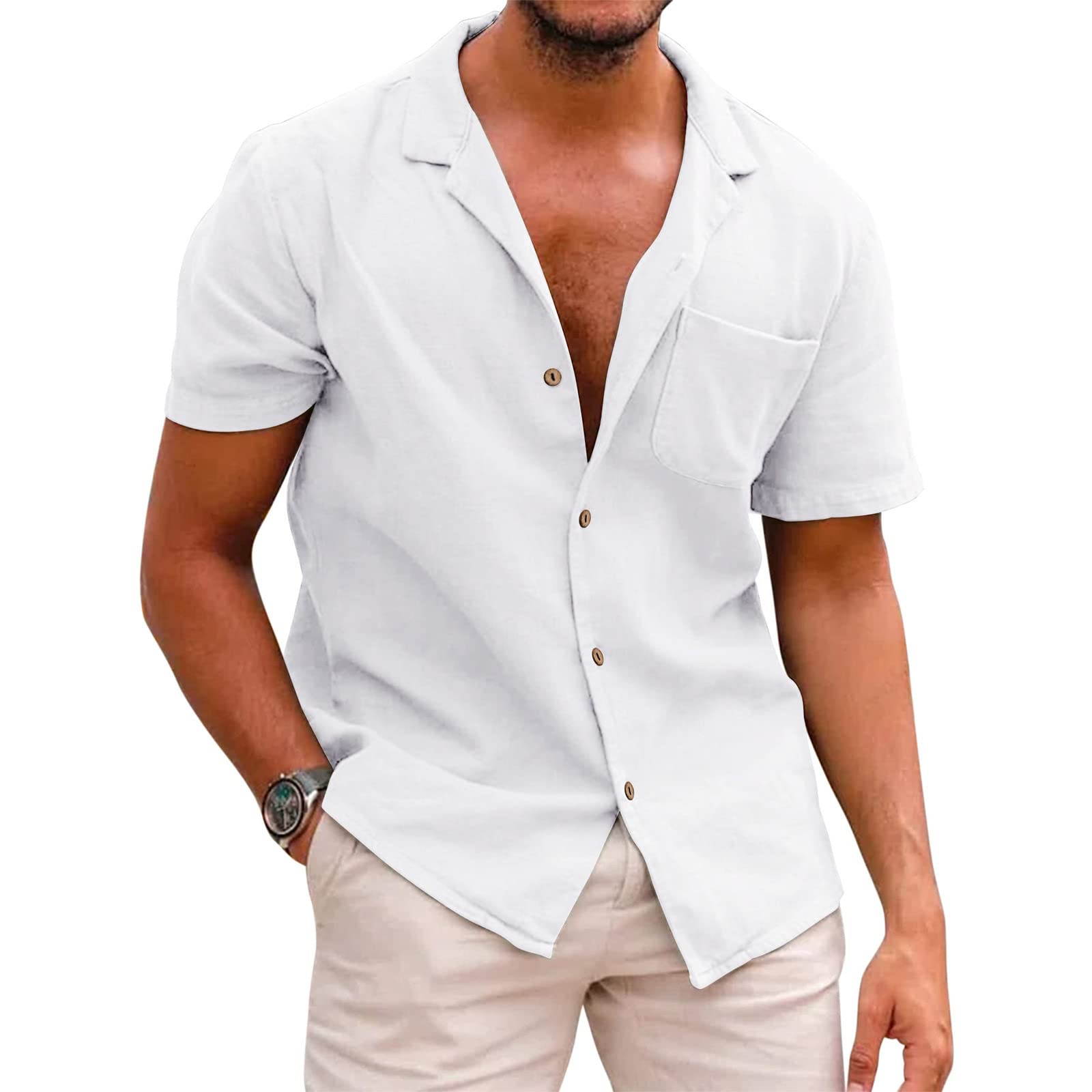 Men's Cotton Linen Short Sleeve Button Down Shirt - Solid Color Turn Collar Casual Summer Top with Pockets | Beach, Vacation & Hippie Style Outfit