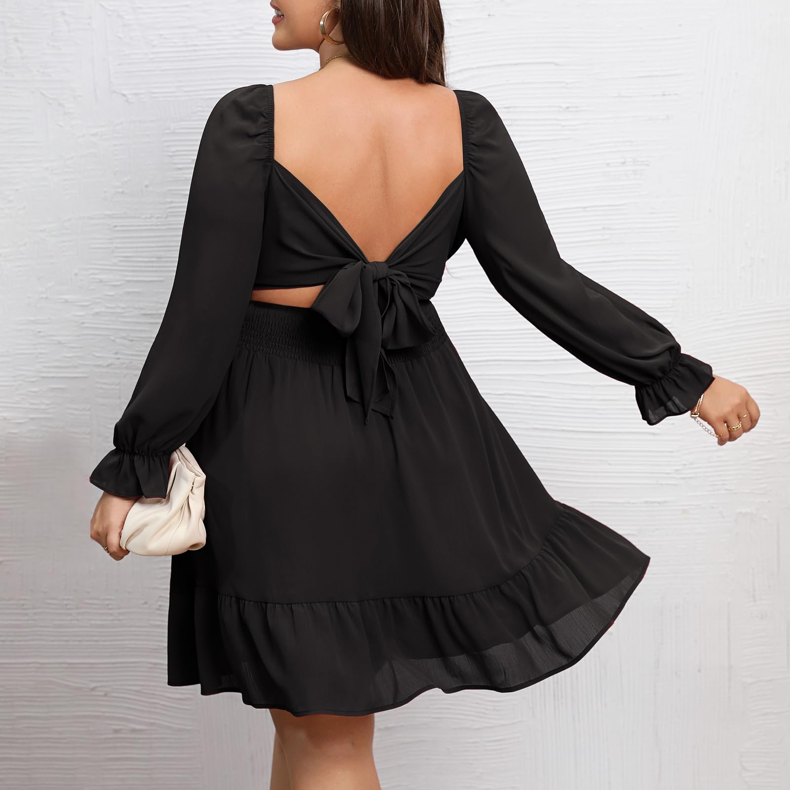 Byinns Women's 2024 Plus Size Tie Back Square Neck Mini Dress with Long Lantern Sleeves & Elastic Waist - Wedding Guest, Party, Cocktail, Summer Dress for Casual & Formal Occasions