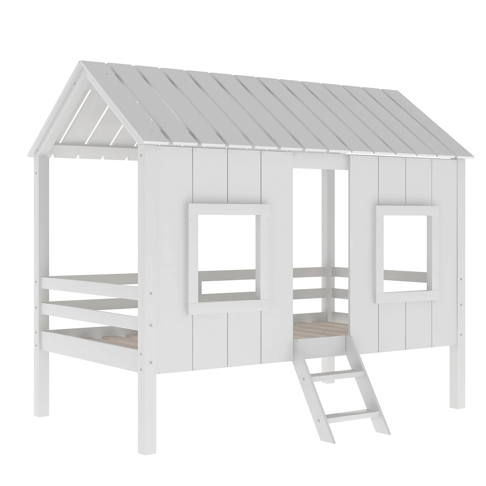 LZ LEISURE ZONE Twin Size Low Loft Wood House Bed with 2 Front Windows & Ladder - No Box Spring Needed - White - Perfect for Kids' Bedroom, Small Spaces & Dorm Rooms