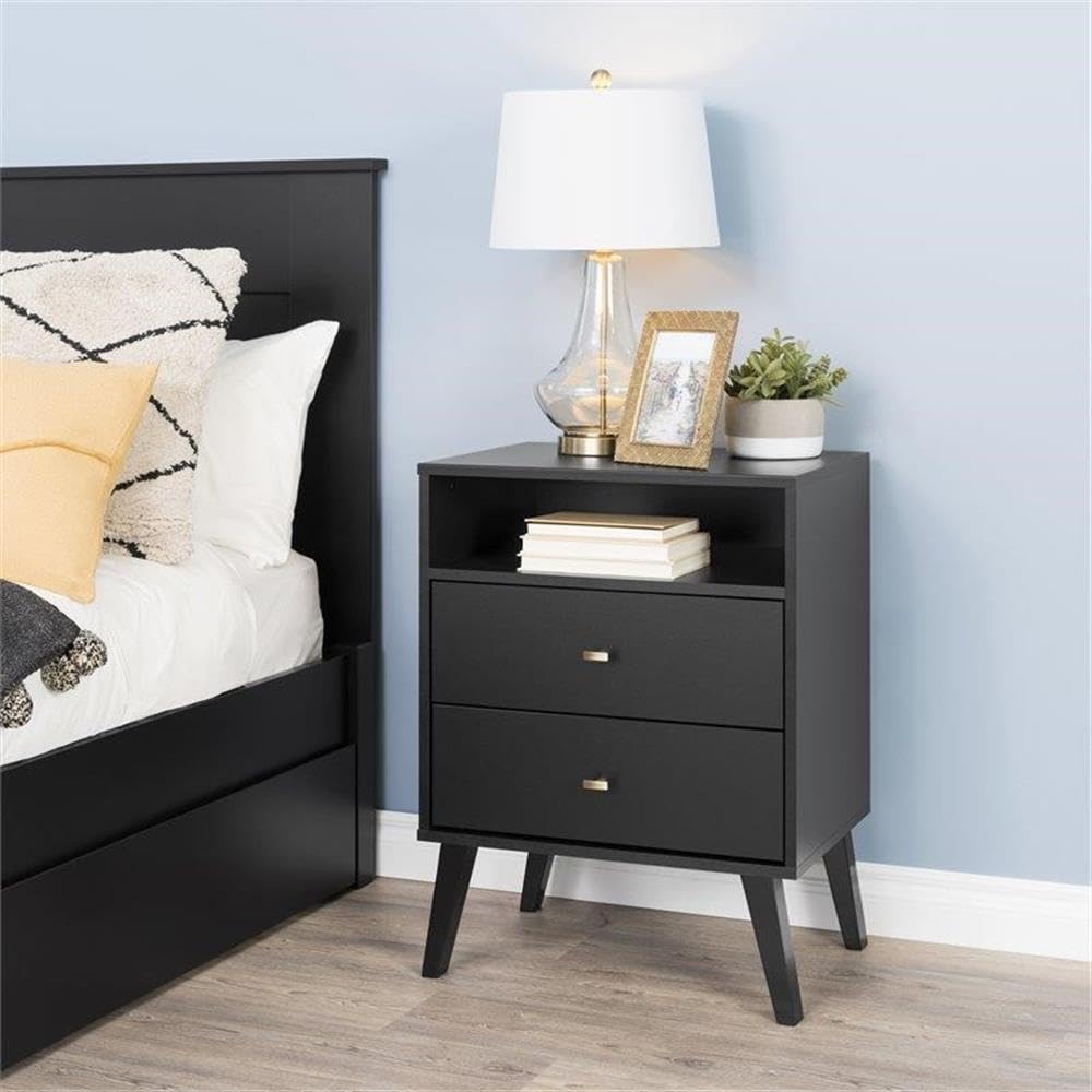 Mid Century Modern Nightstand Set of 2 - Black 2-Drawer Tall Bedside Tables for Bedroom Furniture | Home Square Nightstands for Small Spaces & Guest Rooms