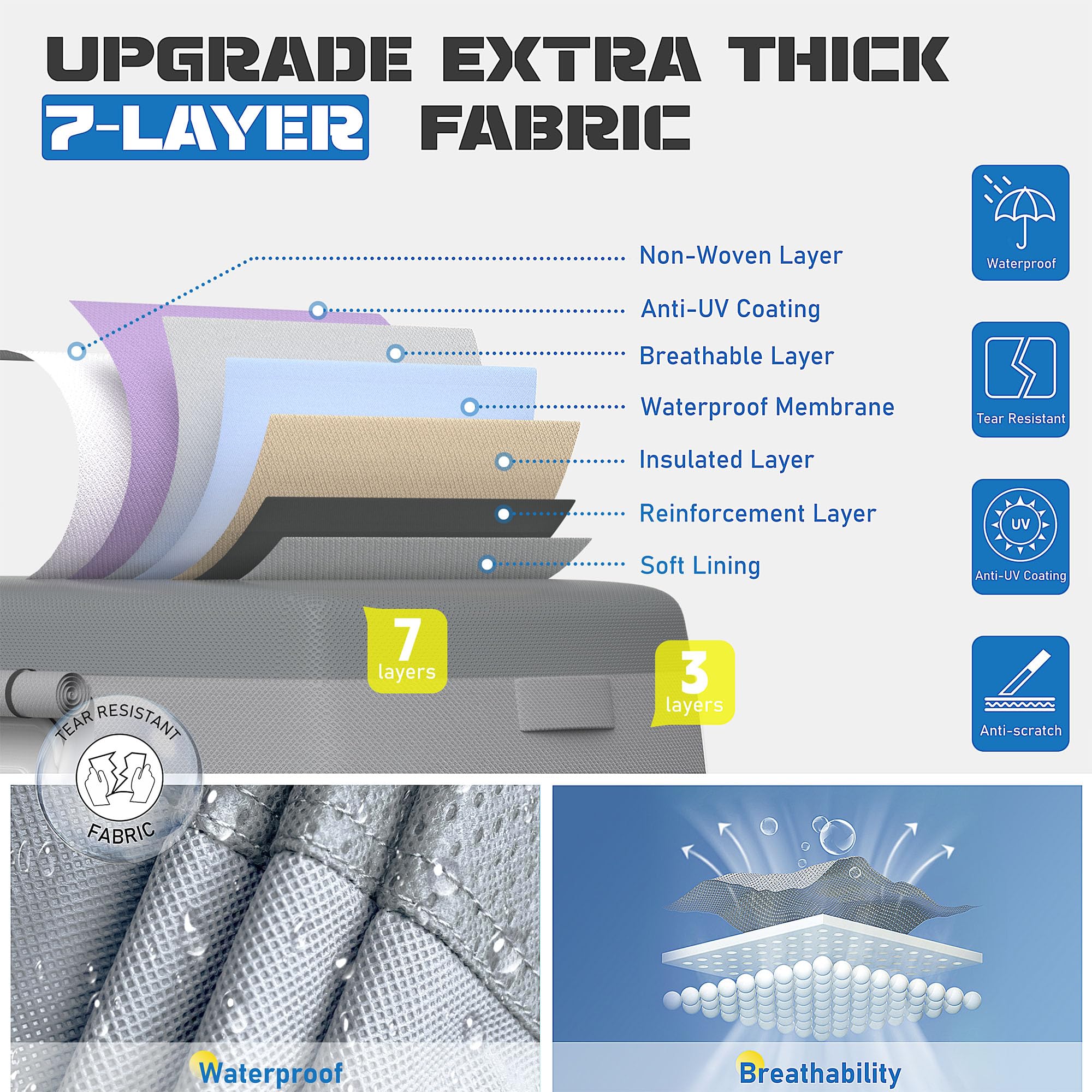 13'-16' Fiberglass Travel Trailer Cover - 7-Layer Waterproof, Anti-Tear RV Camper Cover with Windproof Straps & Repair Patches | Perfect for Outdoor Storage, Winter Protection & Travel
