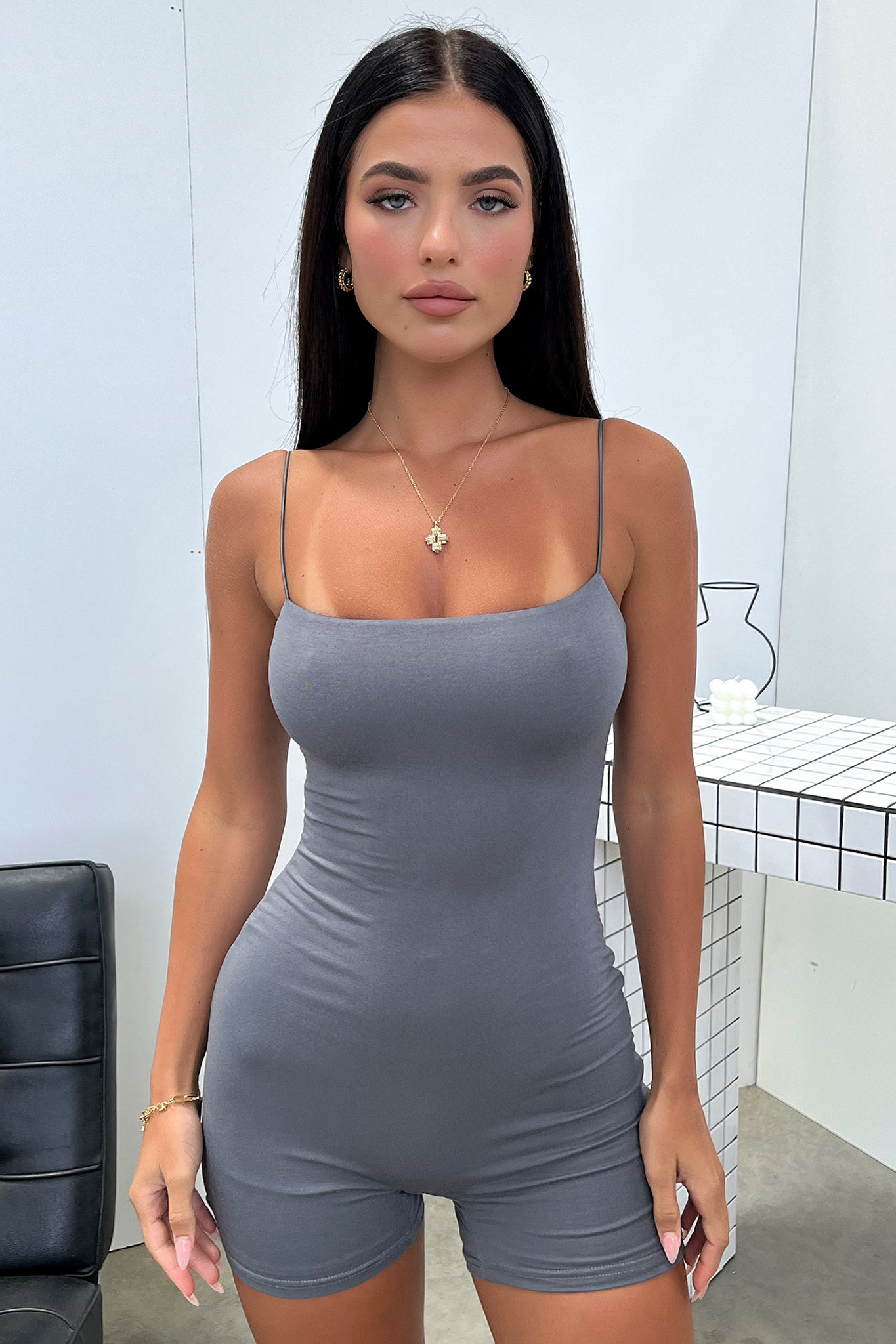 Women's Stylish Mace Playsuit Jumpsuit - Charcoal Gray for Casual Outings & Night Out