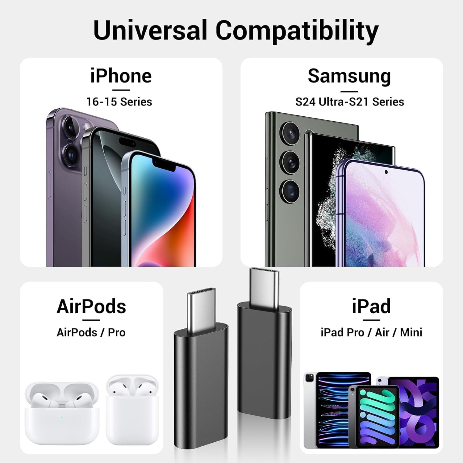 2 Pack Lightning to USB C Adapter for iPhone 15/16 Pro/Pro Max/Plus & Samsung S24 - Fast Charging Connector Cable - Compatible with iPhone 16/15 Chargers & Accessories (Black) - Perfect for Travel, Home & Office Charging