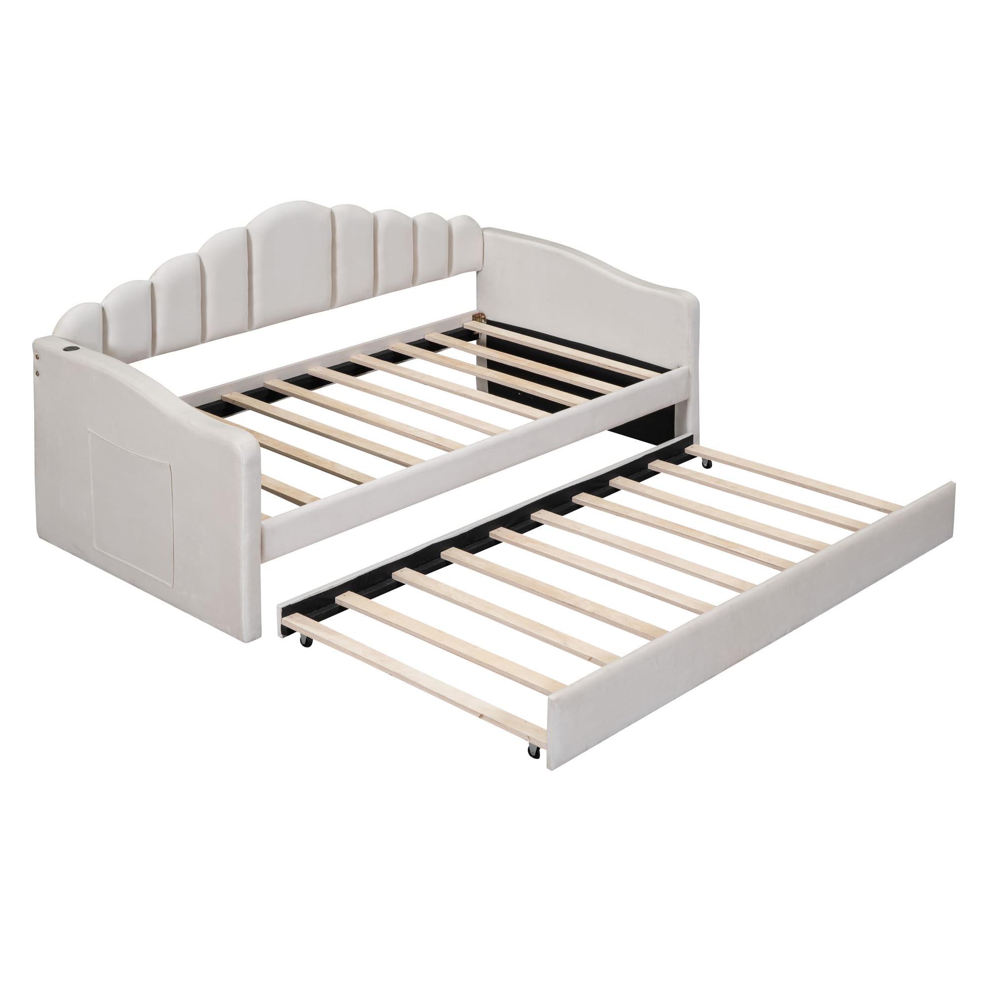 P PURLOVE Twin Size Upholstered Daybed with Trundle - Velvet Convertible Sofa Bed with USB Charging Ports & Slat Support Frame for Living Room, Guest Bedroom or Small Space - Perfect for Lounging, Sleepovers & Home Office Use