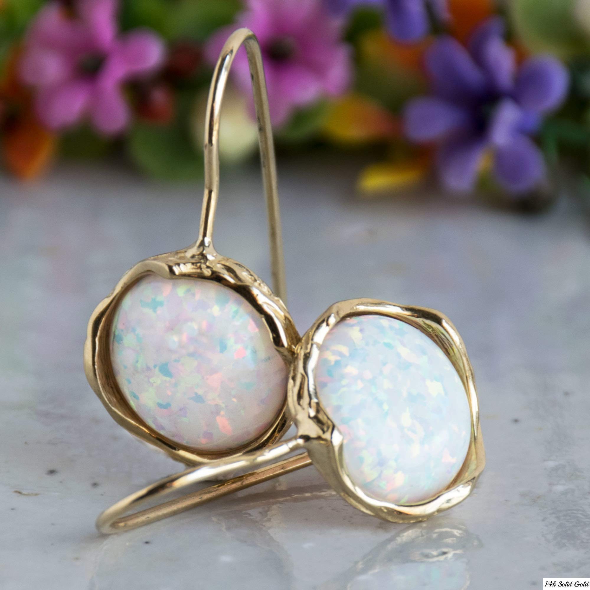 14K Solid Yellow Gold White Opal Dangle Earrings for Women - Big Cabochon Stone Dainty Jewelry - Perfect Graduation, Birthday & Mother's Day Gift - Elegant Everyday Wear & Special Occasion Accessories