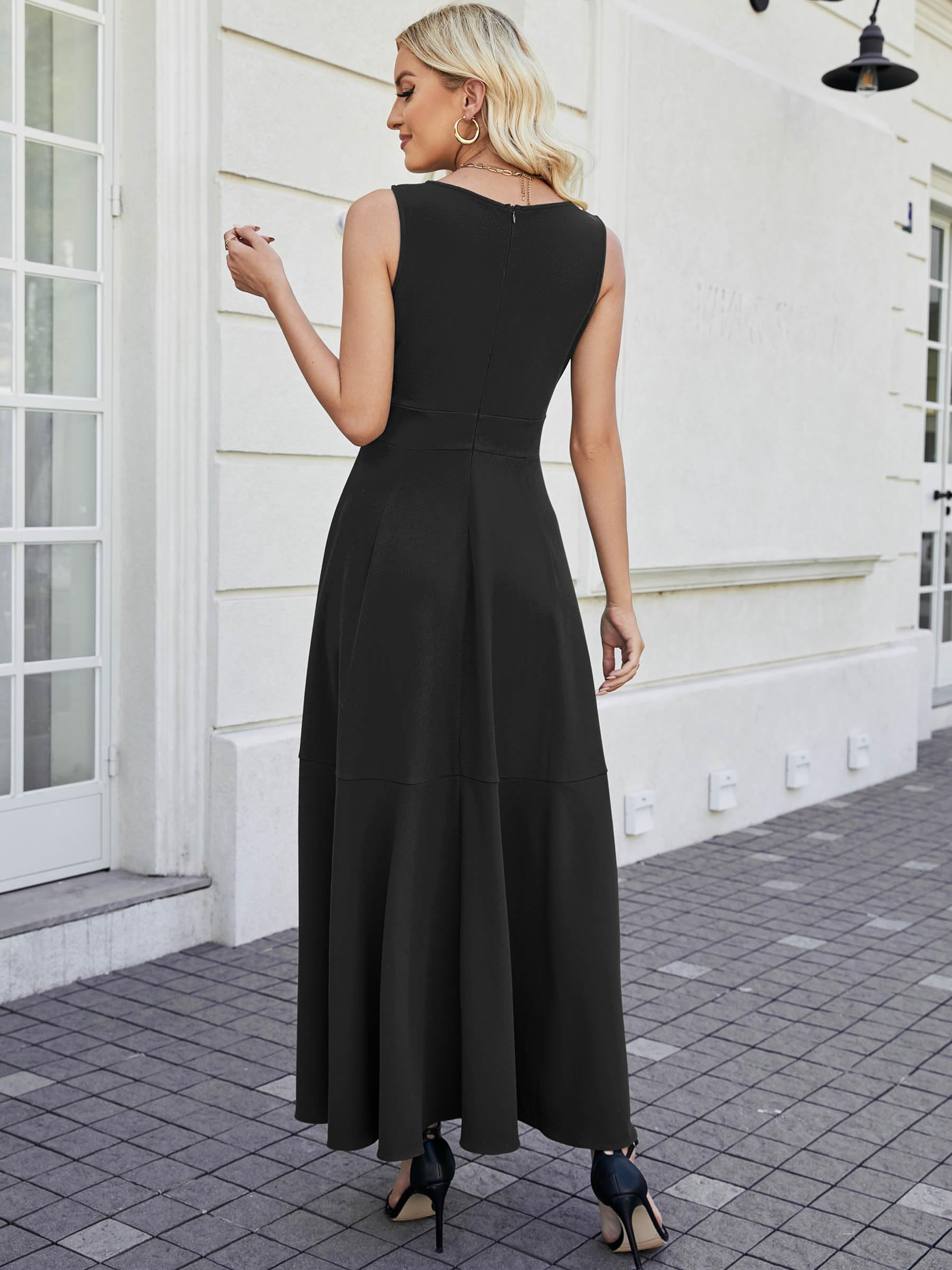 Elegant V-Neck Evening Gowns for Women 2024 - Formal Wedding Guest Dresses, Sleeveless Prom Dress with Pockets | Perfect for Parties, Galas & Special Occasions