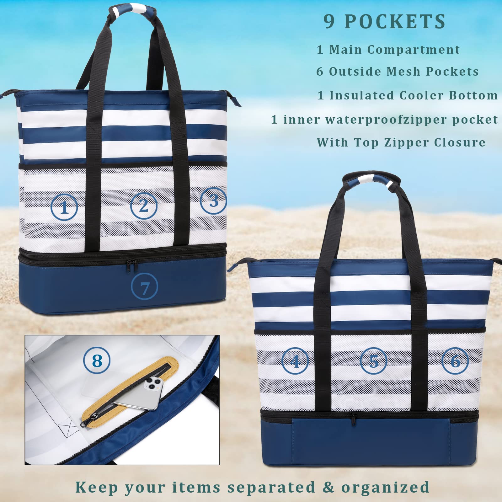 DSIUE Waterproof Beach Bag with Cooler - Large Sandproof Tote for Women - Perfect for Pool, Gym, Travel & Summer Outings