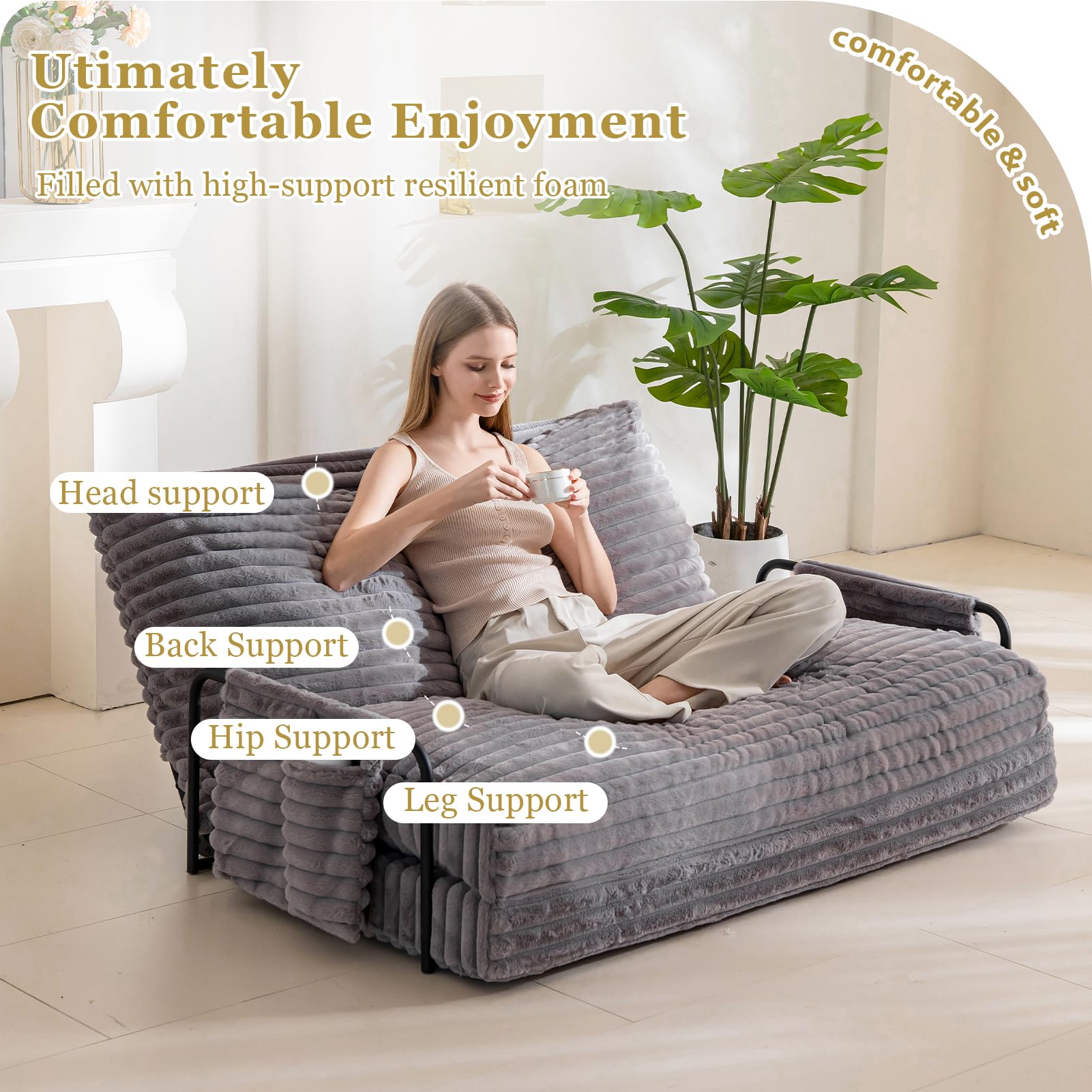 MAXYOYO Adjustable Lazy Floor Sofa - 5 Position Foldable Sleeper Chair with Armrest, Grey | Comfortable Floor Lounger for Living Room, Bedroom & Small Spaces | Perfect for Reading, Napping & Relaxing