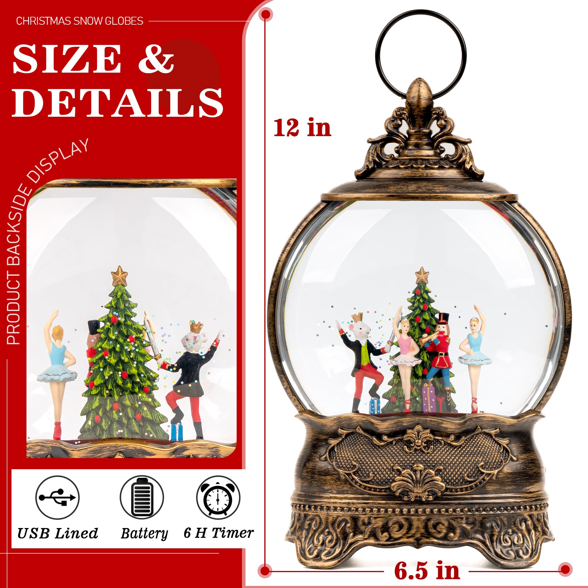 Christmas Snow Globe Lantern with Music - 6H Timer, USB/Battery Operated LED Lighted Decoration Featuring Walnut Soldier - Perfect for Holiday Home Decor, Festive Gift Giving & Winter Wonderland Displays